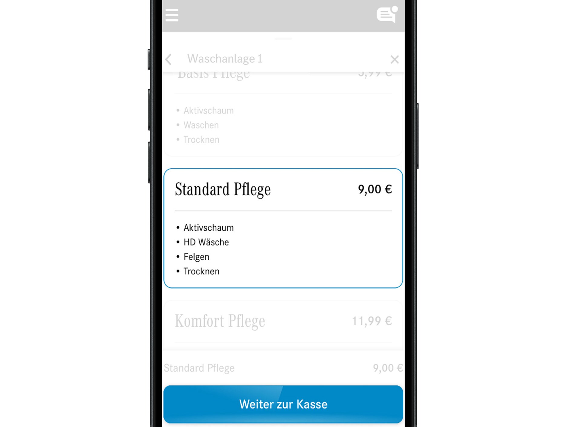 Obrazovka aplikácie Umývanie vozidla Mercedes-Benz.