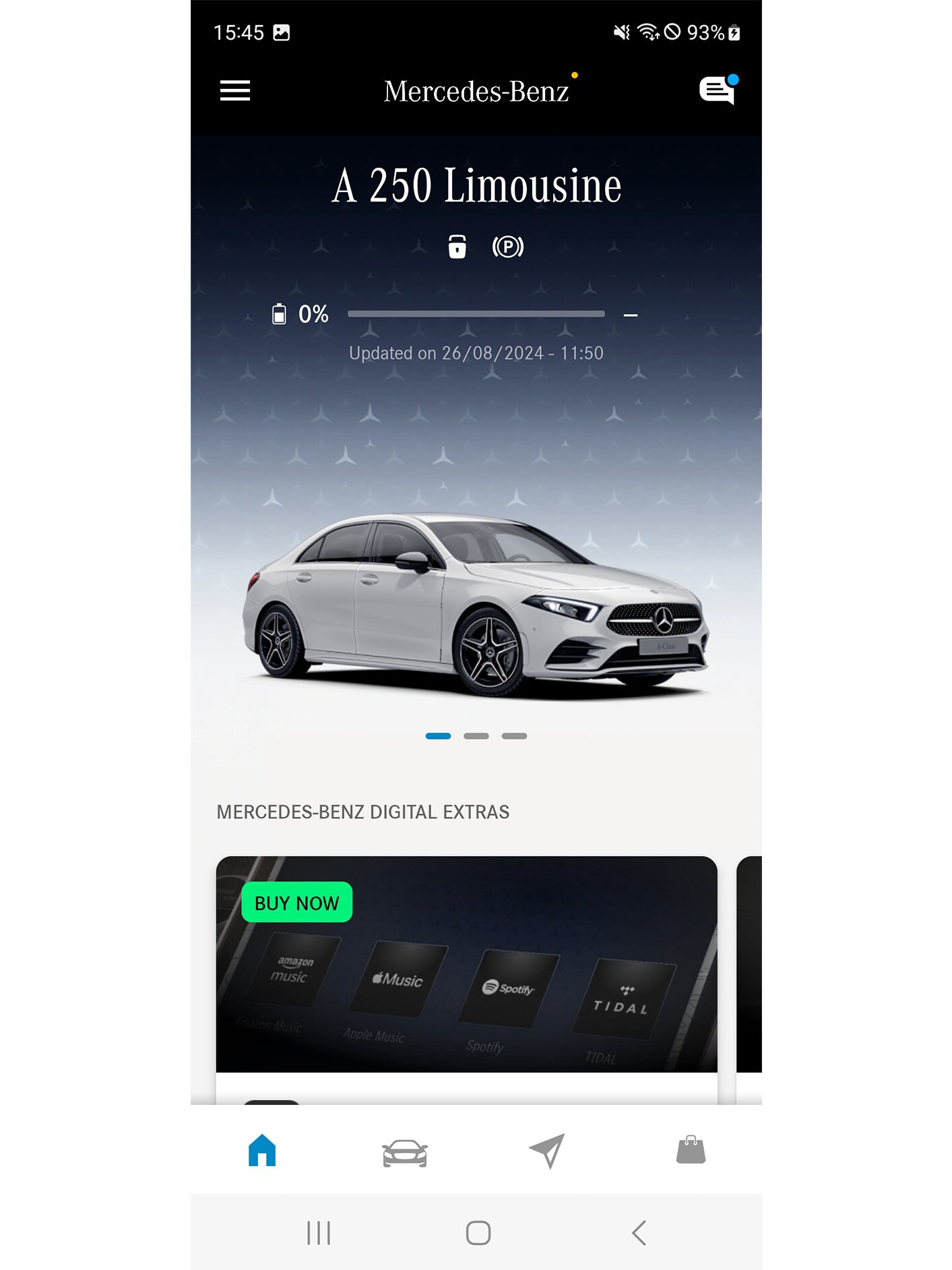 Na chytrom telefóne sa v&nbsp;ponuke aplikácie Mercedes-Benz zobrazujú dostupné funkcie Digitálnych doplnkov pre oblasti navigácie, ovládania na diaľku a&nbsp;GUARD 360˚.