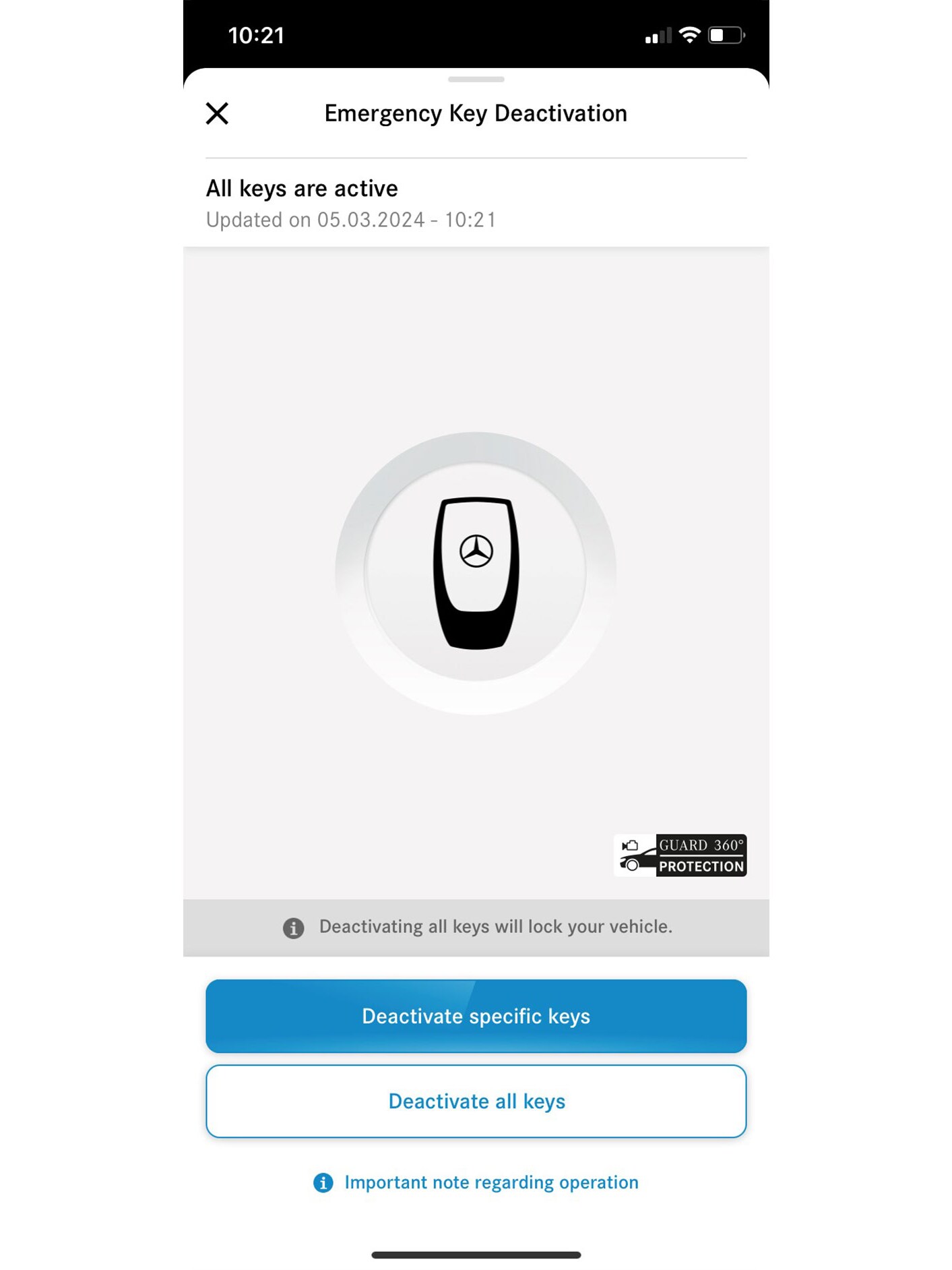 Na chytrom telefóne sa zobrazuje ponuka Digitálneho doplnku Núdzová deaktivácia kľúčov.