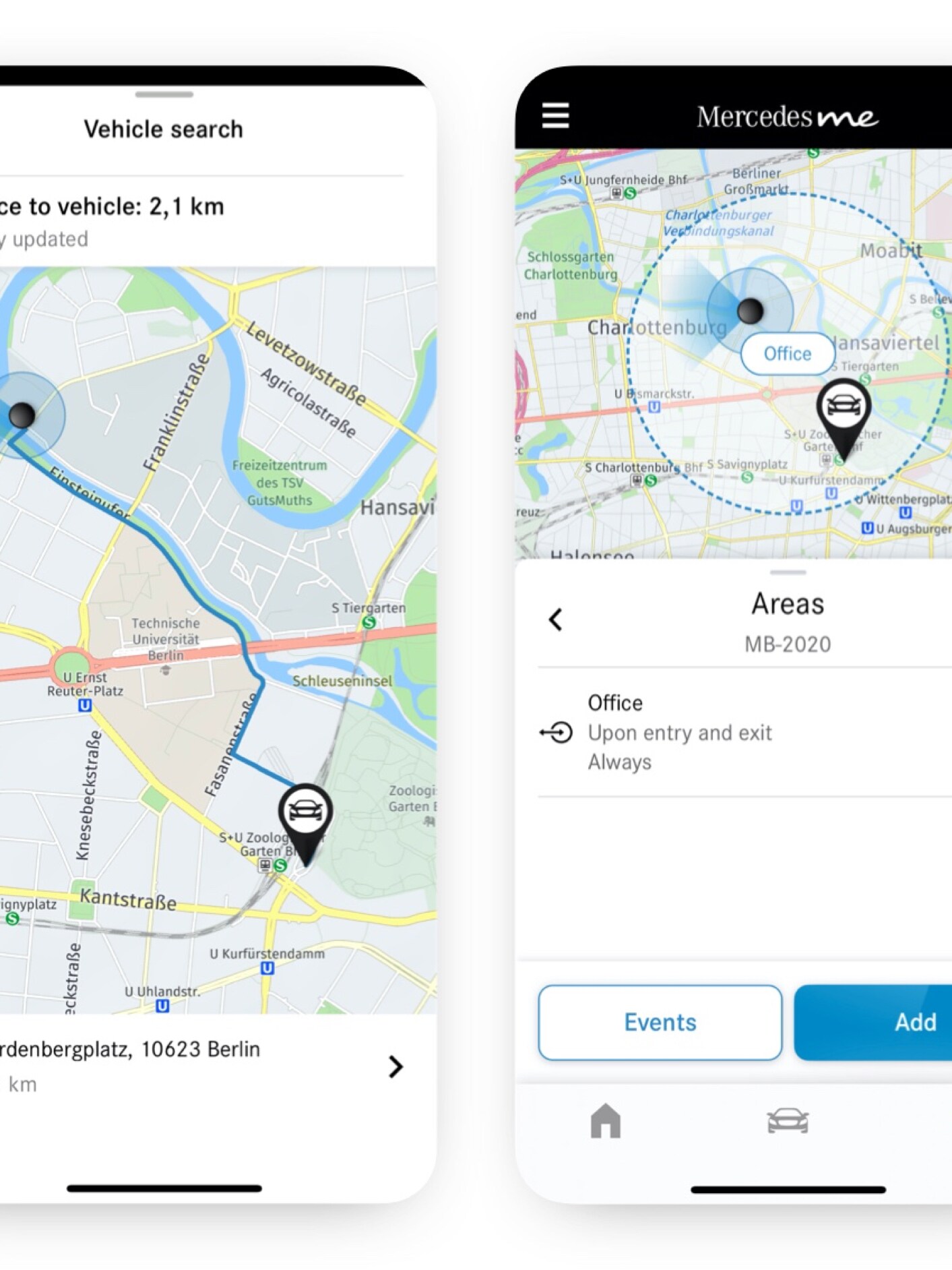 Na chytrom telefóne sa vďaka Digitálnemu doplnku Geografické monitorovanie vozidla zobrazuje, či sa vozidlo pohybuje v&nbsp;určenej oblasti alebo mimo nej.