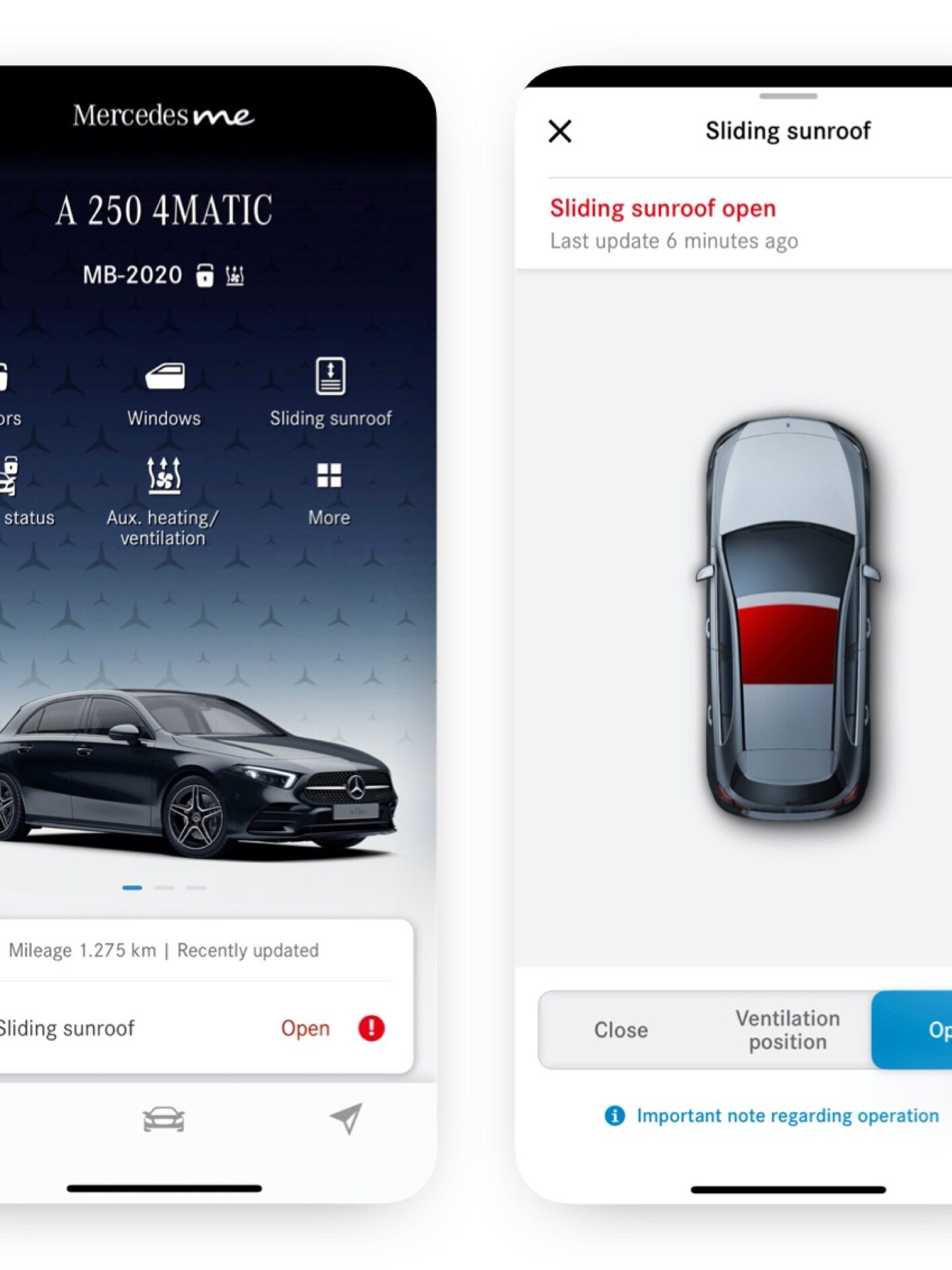Na chytrom telefóne sú zobrazené rôzne obrazovky, ktoré sa zobrazujú, keď Digitálny doplnok Diaľkové ovládanie okien/posuvnej strechy zistí, že posuvná strecha nie je zatvorená.