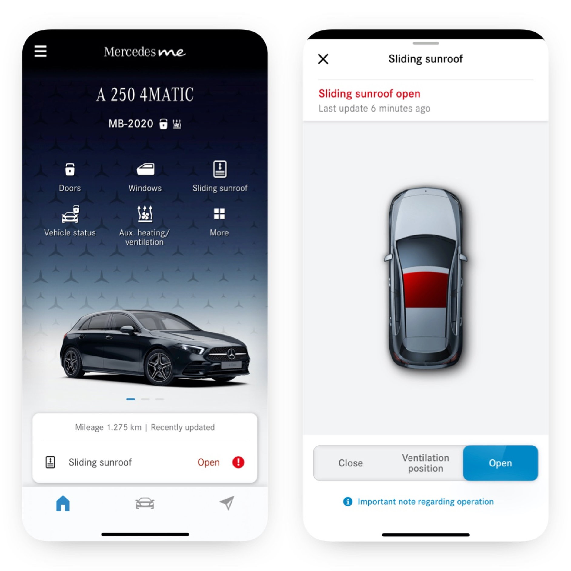 Diaľkové ovládanie okien/posuvnej strechy | Excelentný balík | Mercedes-Benz Na chytrom telefóne sú zobrazené rôzne obrazovky, ktoré sa zobrazujú, keď Digitálny doplnok Diaľkové ovládanie okien/posuvnej strechy zistí, že posuvná strecha nie je zatvorená.
