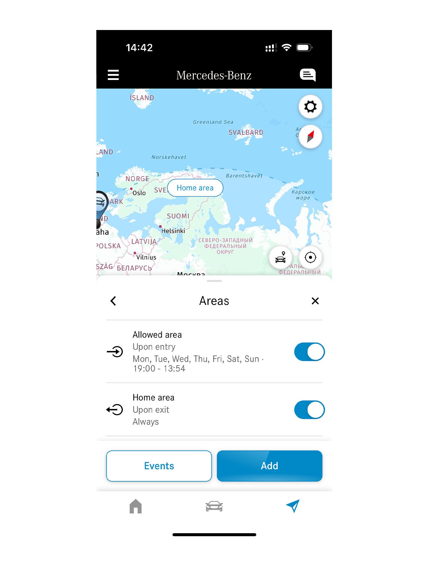 Na chytrom telefóne sa vďaka Digitálnemu doplnku Geografické monitorovanie vozidla zobrazuje, či sa vozidlo pohybuje v&nbsp;určenej oblasti alebo mimo nej.