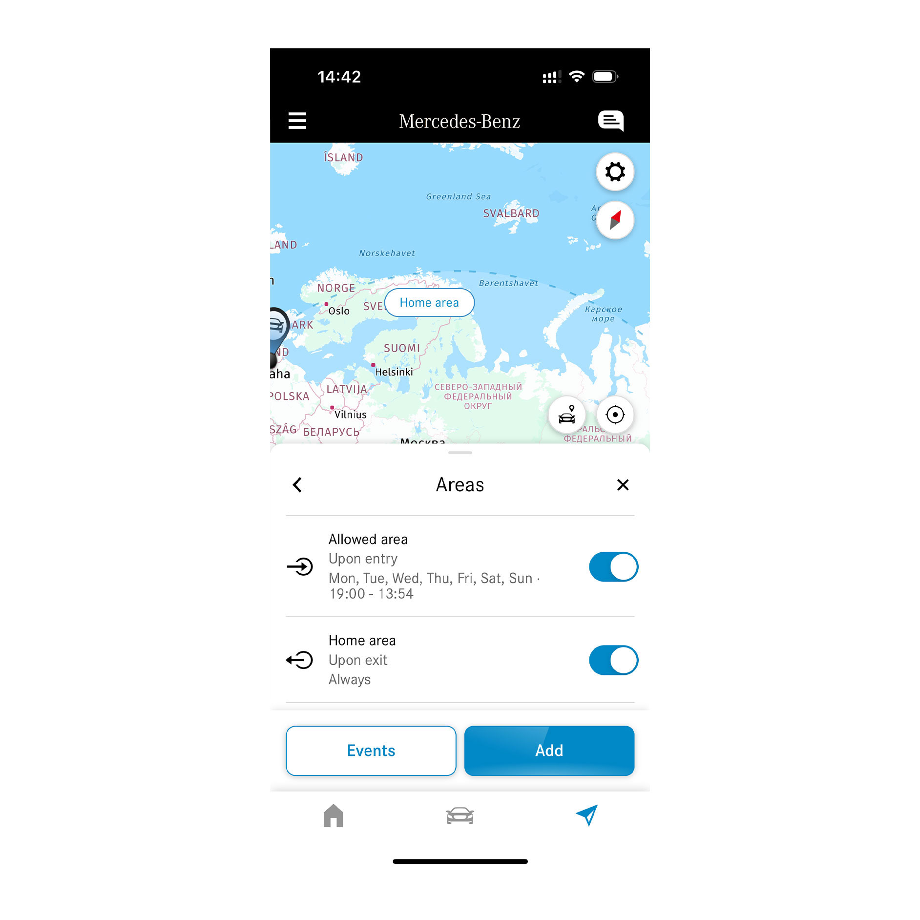 Geografické monitorovanie vozidla | Ovládanie na diaľku | Mercedes-Benz Na chytrom telefóne sa vďaka Digitálnemu doplnku Geografické monitorovanie vozidla zobrazuje, či sa vozidlo pohybuje v určenej oblasti alebo mimo nej.