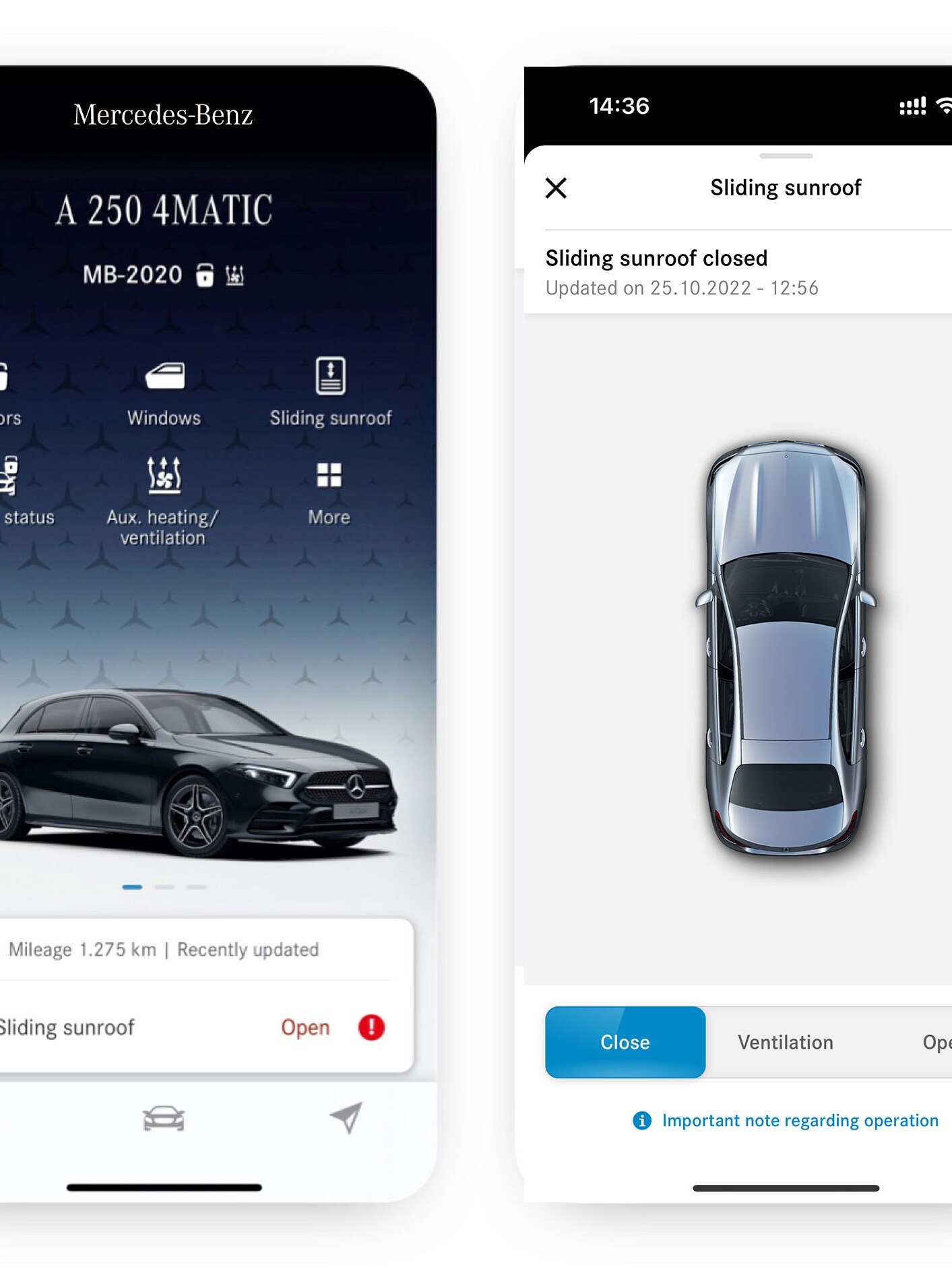 Na chytrom telefóne sú zobrazené rôzne obrazovky, ktoré sa zobrazujú, keď Digitálny doplnok Diaľkové ovládanie okien/posuvnej strechy zistí, že posuvná strecha nie je zatvorená.