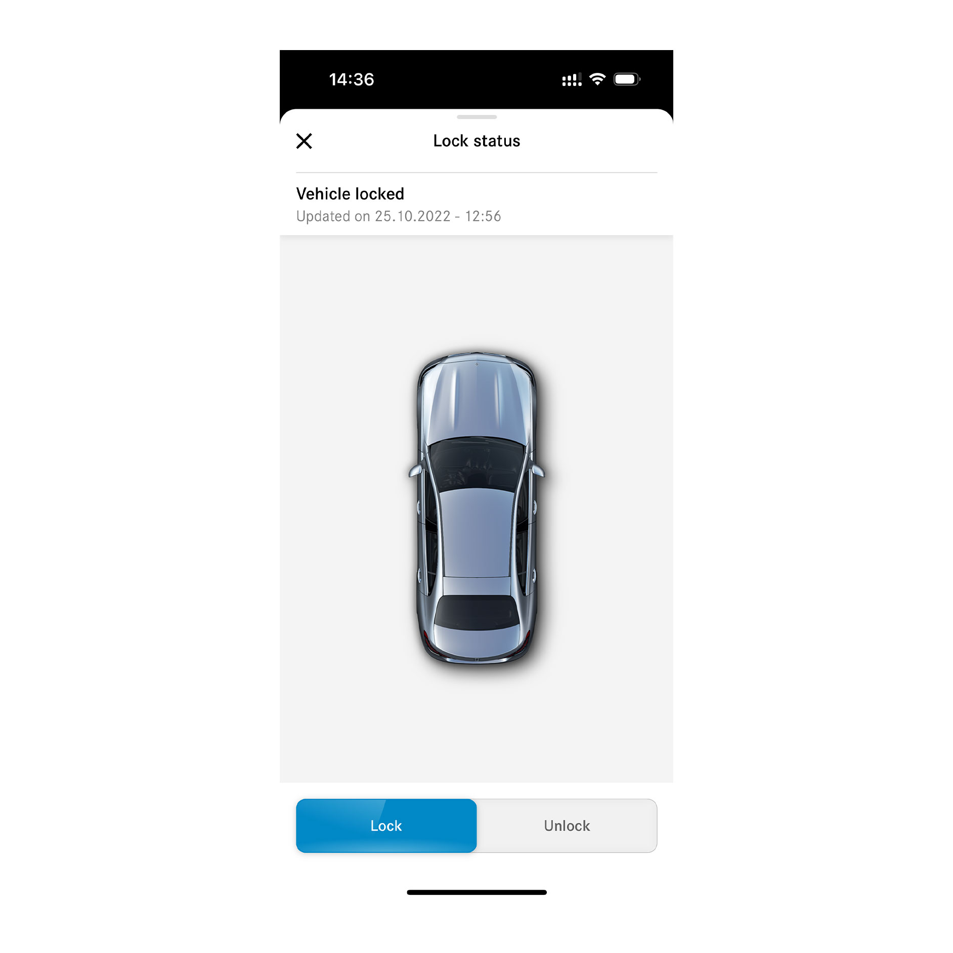 Zamykanie a odomykanie dverí na diaľku | Ovládanie na diaľku | Mercedes-Benz Na chytrom telefóne je obrazovka, ktorá sa zobrazí, keď Digitálny doplnok Zamykanie a odomykanie dverí na diaľku zistí, že všetky dvere sú zamknuté.