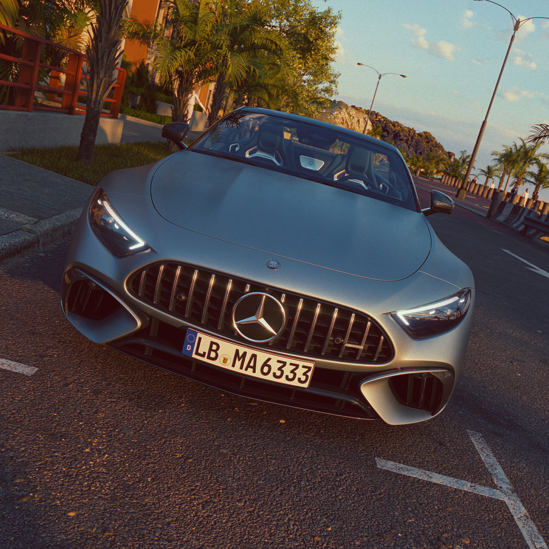 Dizajn | SL roadster | Mercedes-AMG Pohľad spredu na Mercedes-AMG SL roadster zaparkovaný na ulici.