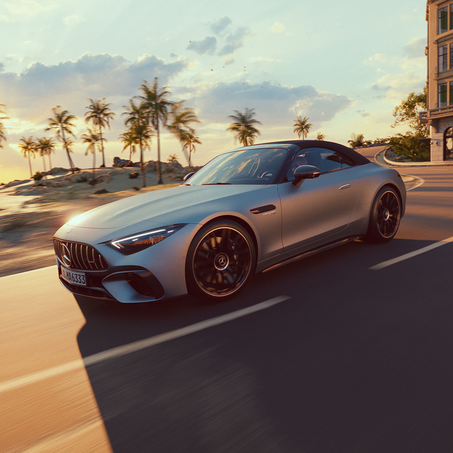 SL roadster | Mercedes-AMG Pohľad zboku na Mercedes-AMG SL roadster pri jazdení po ceste.