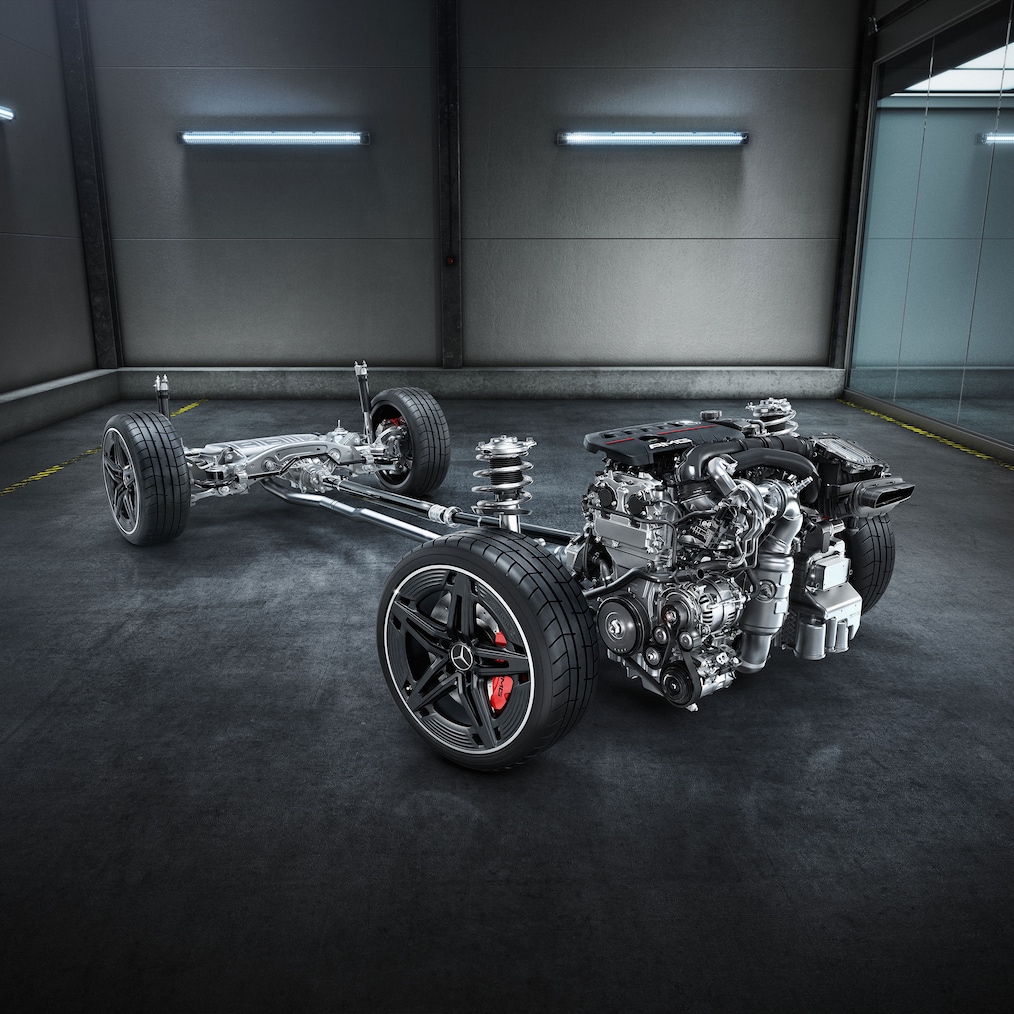 Podvozok s hnacím ústrojenstvom modelu Mercedes-AMG A 35 4MATIC alebo A 45 S 4MATIC+.