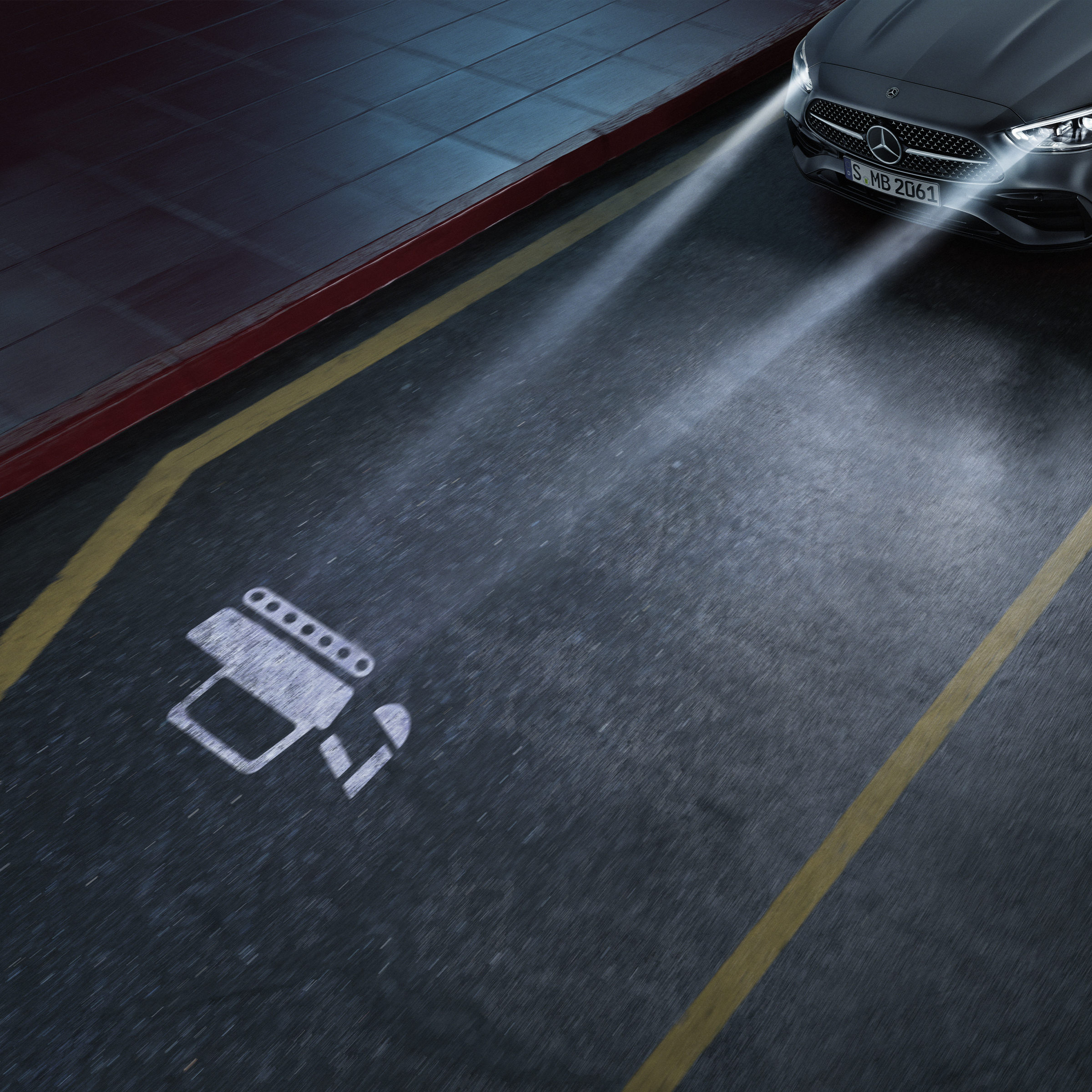 Pohľad zblízka na systém svetlometov DIGITAL LIGHT Triedy C od značky Mercedes-Benz.