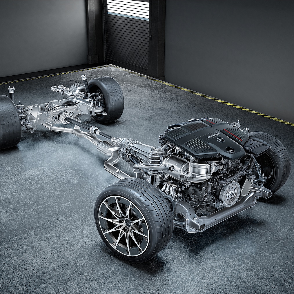 Pohľad na hnacie ústrojenstvo s 3,0-litrovým motorom a náhonom AMG Performance 4MATIC+.