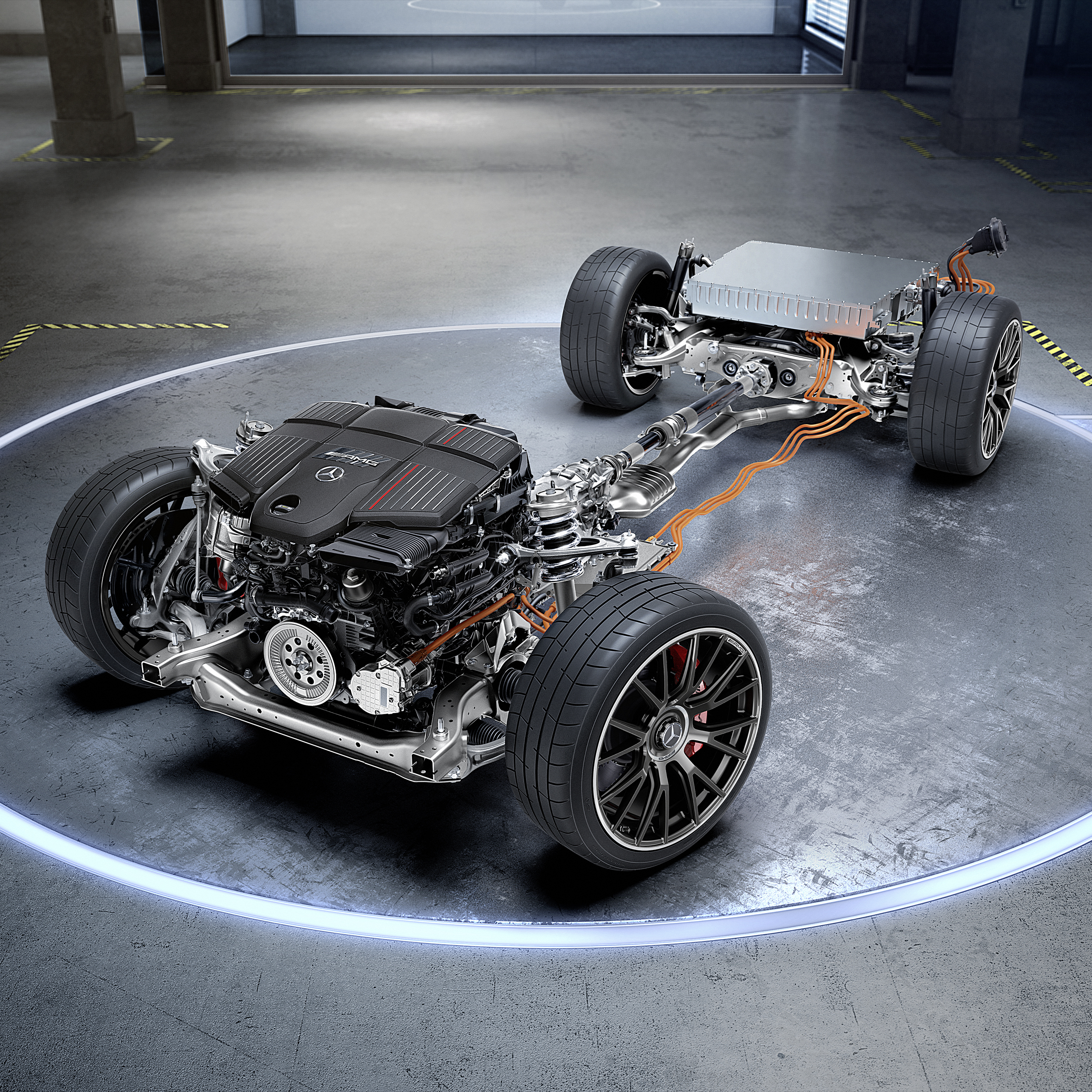 Podvozok s hnacím ústrojenstvom AMG vozidla Mercedes-AMG E 53 HYBRID 4MATIC+.