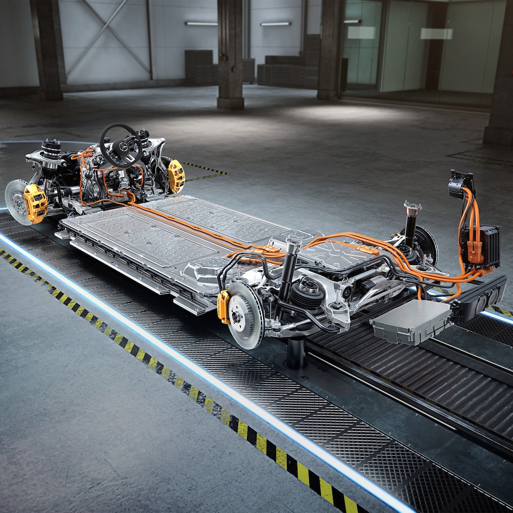 Podvozok s hnacím ústrojenstvom vozidla Mercedes-AMG EQE+.