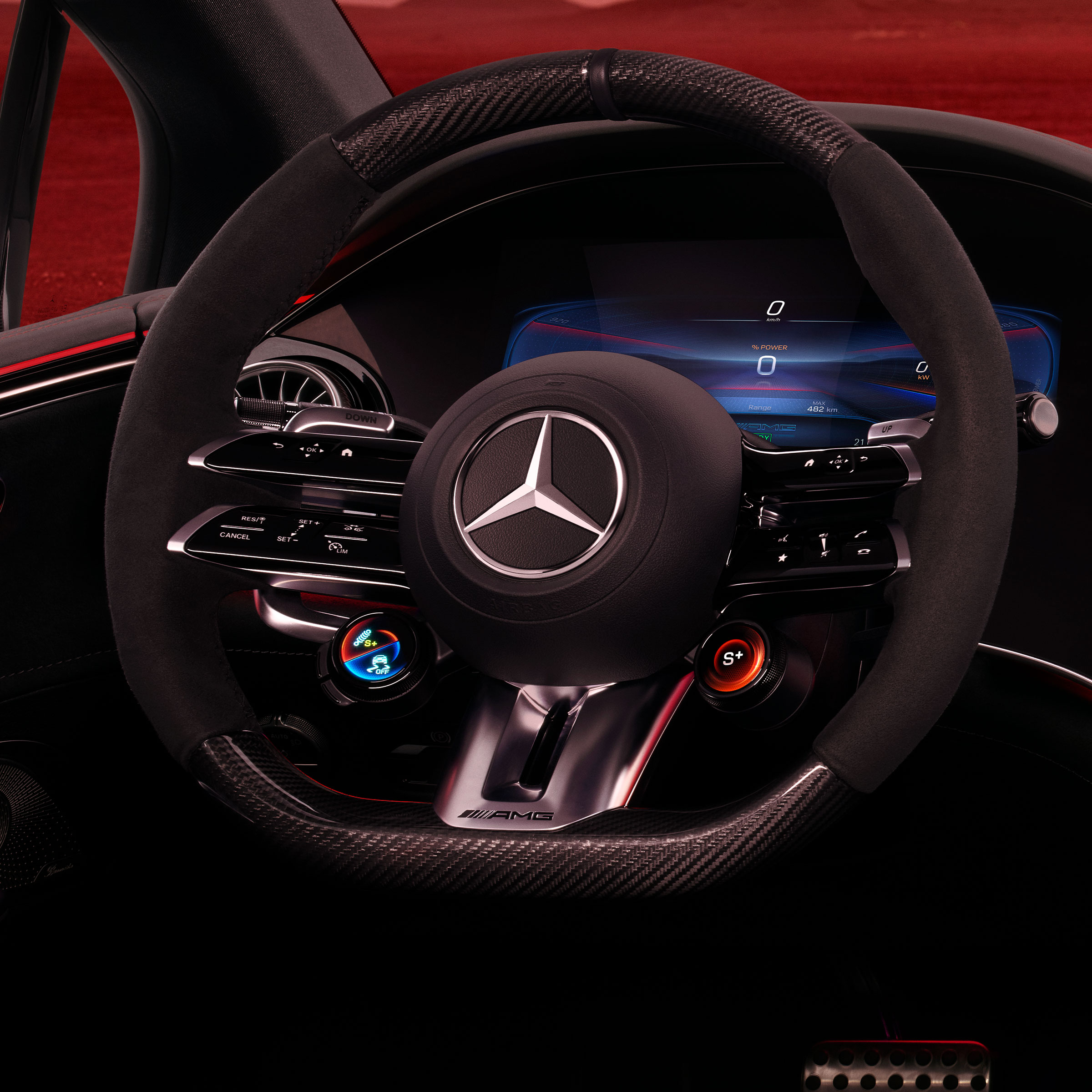 Tlačidlá AMG na volante v interiéri sedanu Mercedes-AMG EQE.