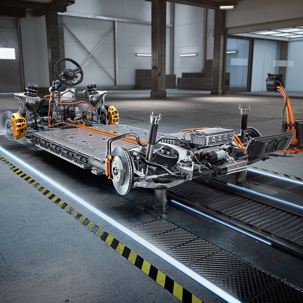 Podvozok s hnacím ústrojenstvom vozidla Mercedes-AMG EQE 53 4MATIC+ SUV.