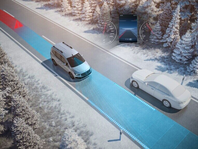 Aktívny asistent udržiavania v jazdnom pruhu vozidla Mercedes-Benz EQT.