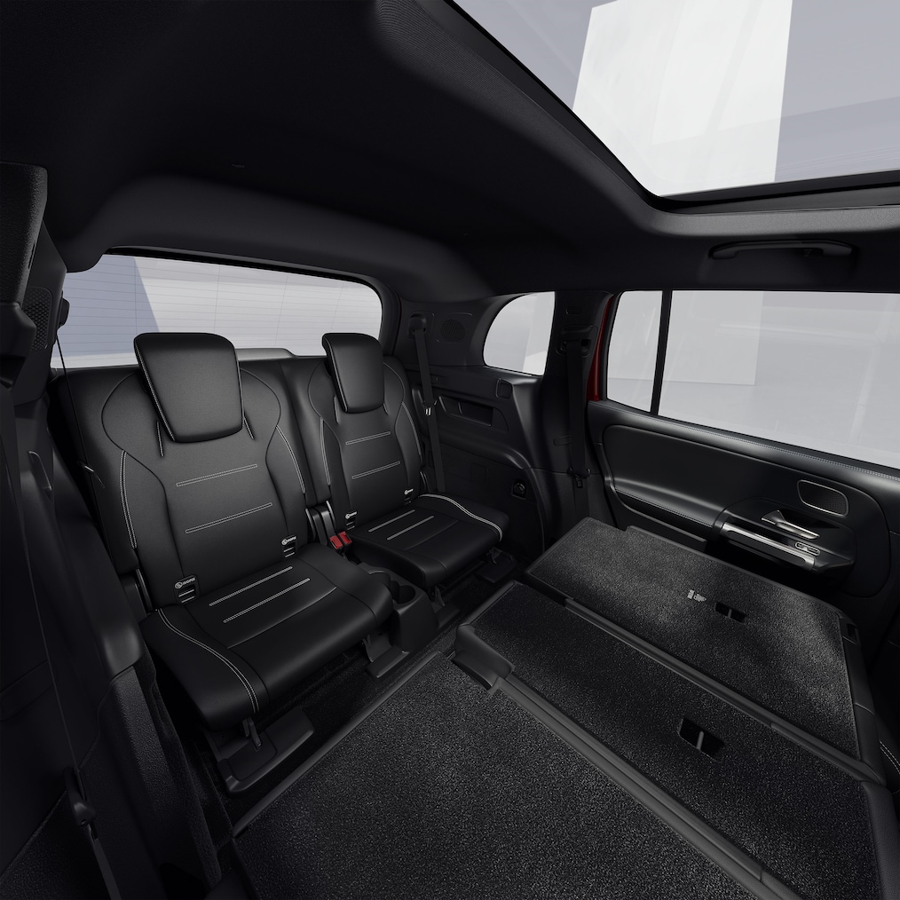 Výrez vozidla Mercedes-Benz GLB s voliteľným tretím radom sedadiel.