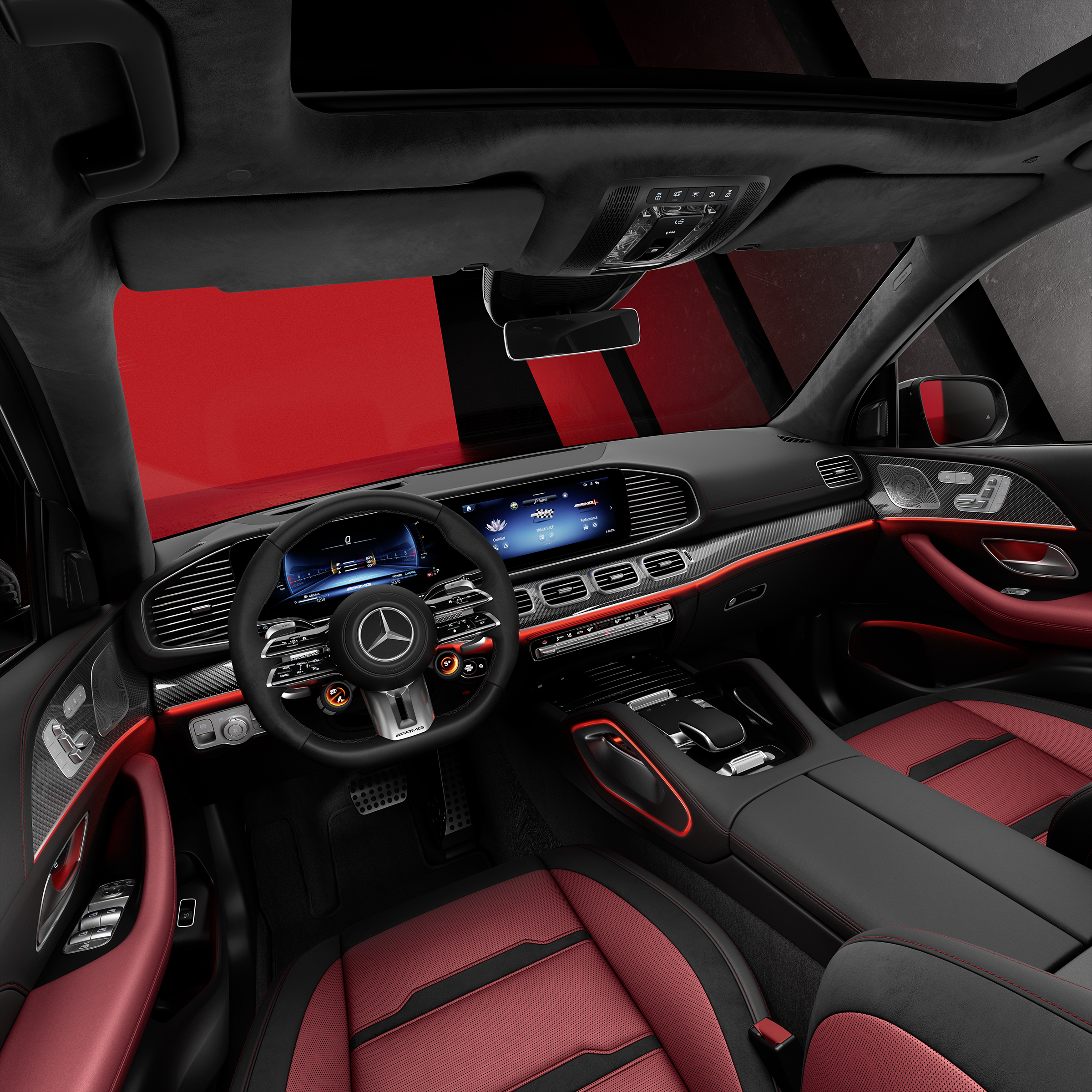 Pohľad zboku na predné sedadlá a kokpit vozidla Mercedes-AMG GLE SUV.