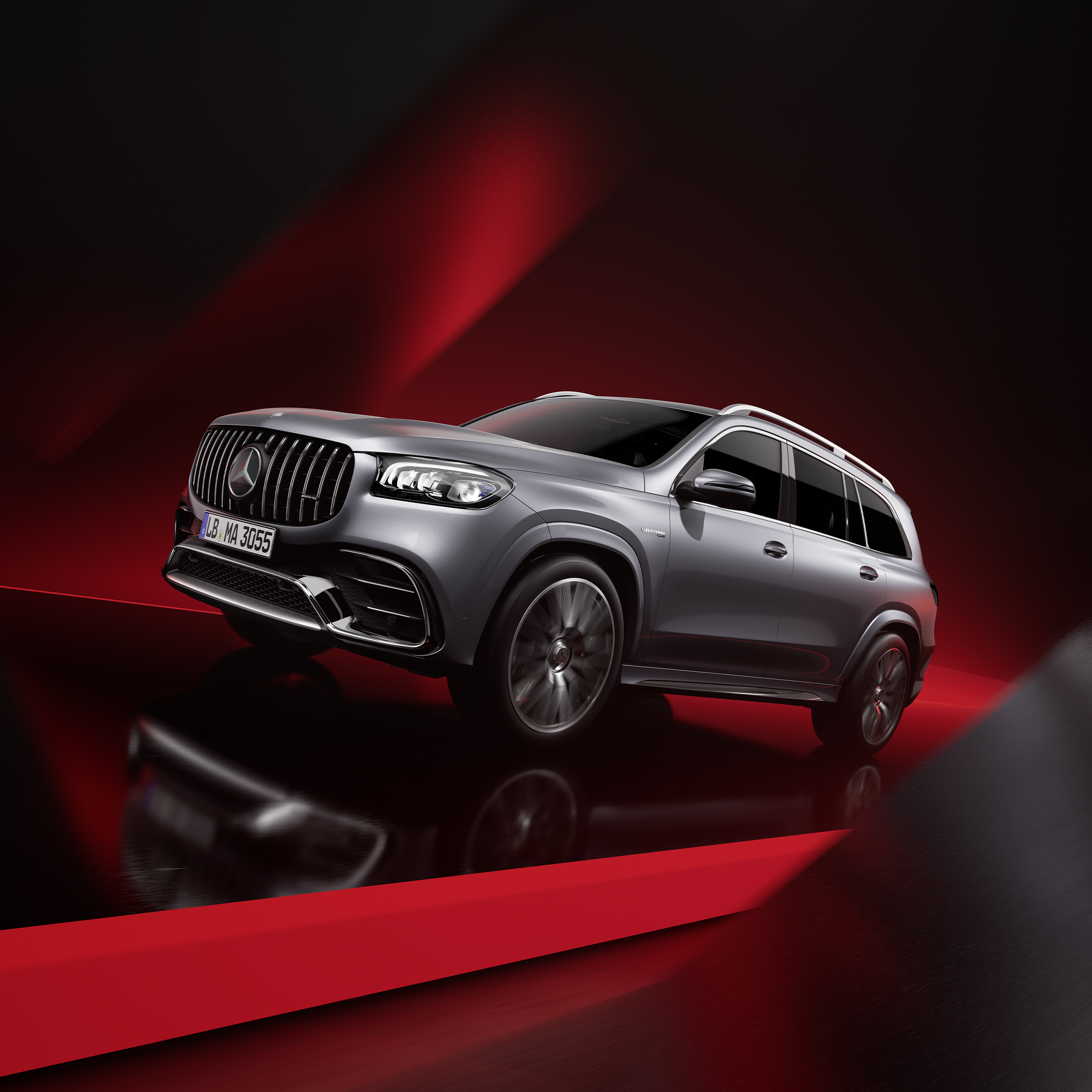 Bočný pohľad spredu na model Mercedes-AMG GLS 63 4MATIC+, najmä na lak magno