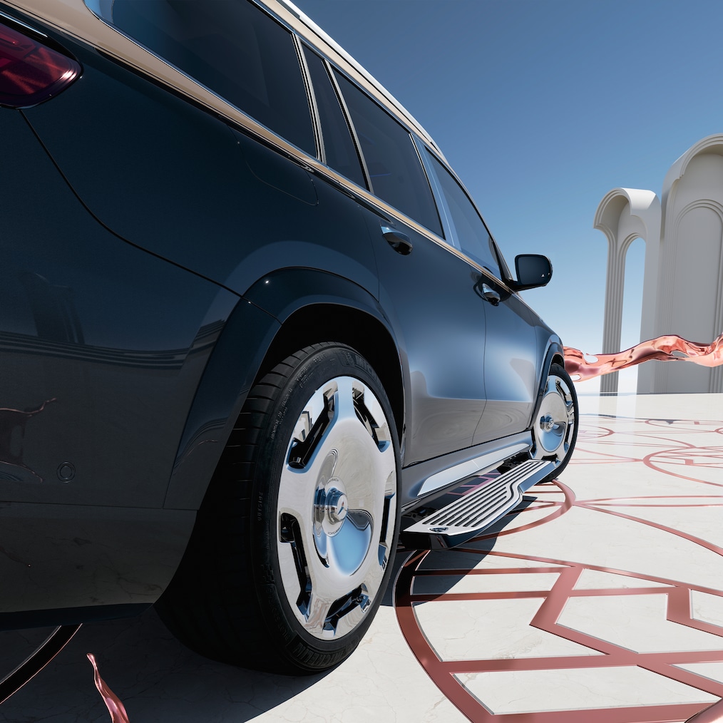Vertikálny pohľad zhora na model Mercedes-Maybach GLS 600 s otvorenými dverami a vysunutými nášľapnými doskami.