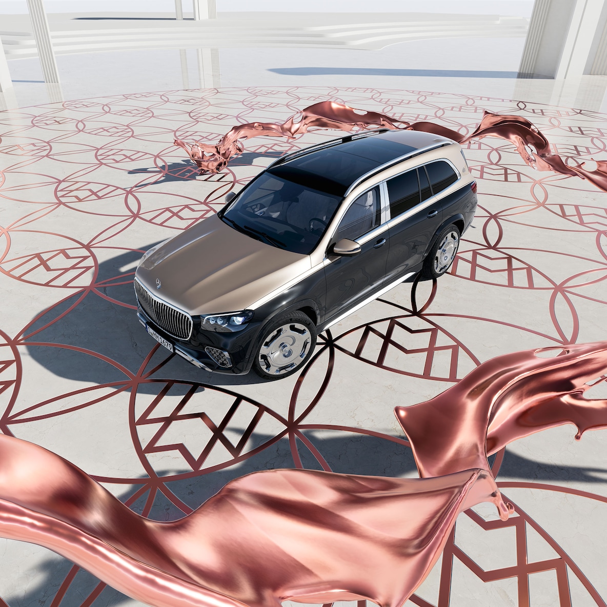 Mercedes-Maybach GLS 600 pri bočnom pohľade spredu z vtáčej perspektívy.