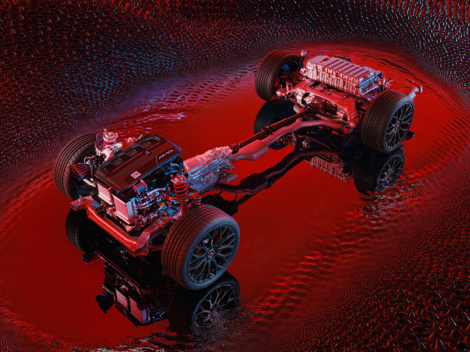 Technický náčrt hybridnej architektúry od značky Mercedes-AMG.