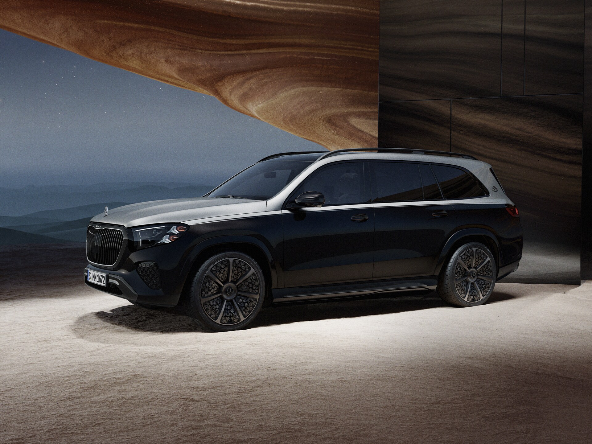 Pohľad spredu na model Mercedes-Maybach GLS Night Series.