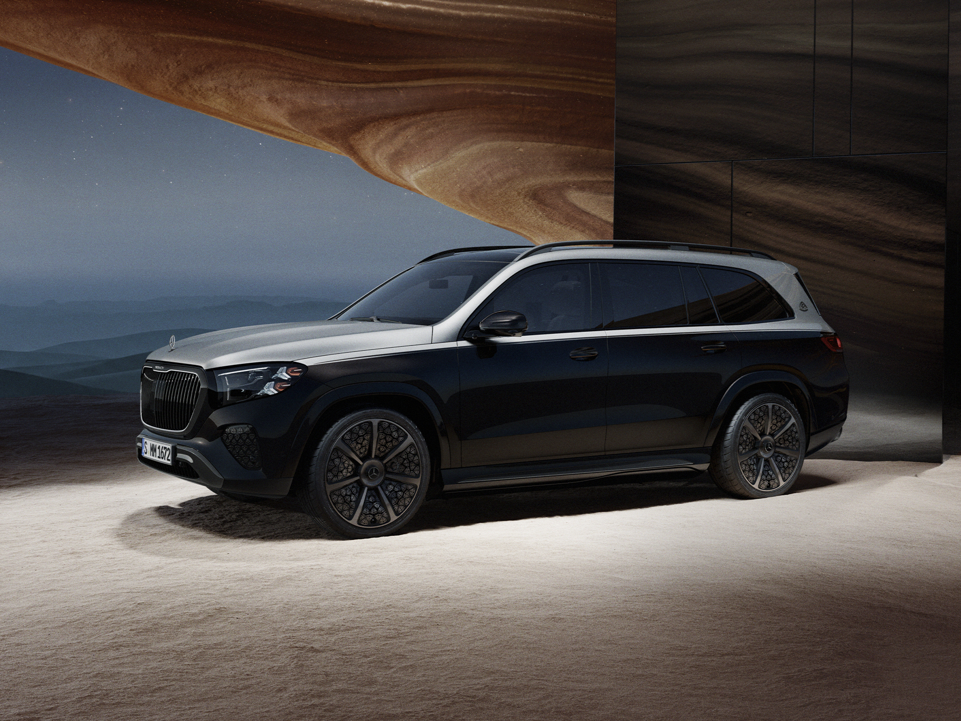 GLS Night Series | Značka | Mercedes-Maybach Pohľad spredu na model Mercedes-Maybach GLS Night Series.