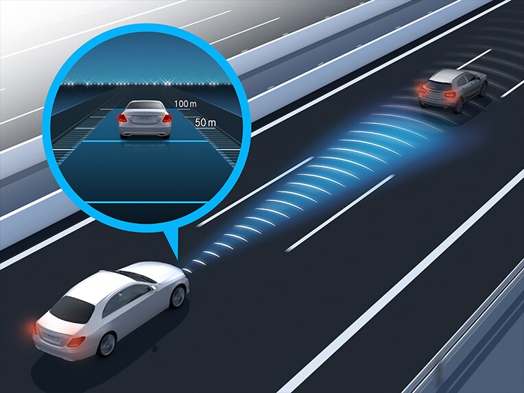 Ilustrácia spôsobu fungovania aktívneho asistenta udržiavania odstupu DISTRONIC Mercedes-Maybach Triedy S