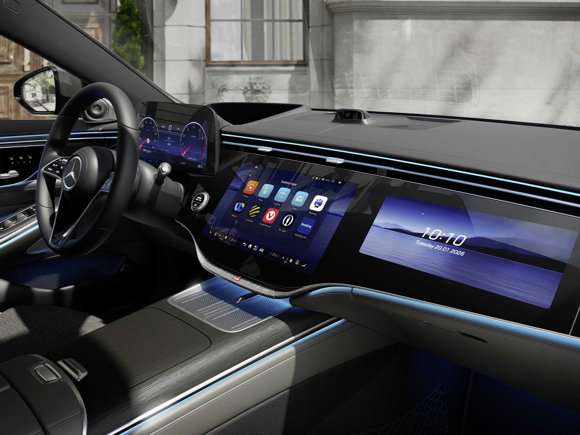 Superobrazovka MBUX v&nbsp;kokpite nového sedanu Mercedes-Benz Triedy&nbsp;S zobrazujúca systém MB.OS od značky Mercedes-Benz.