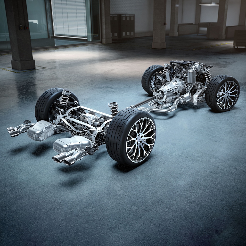 Hnacie ústrojenstvo roadstera Mercedes-AMG SL v technickej miestnosti.