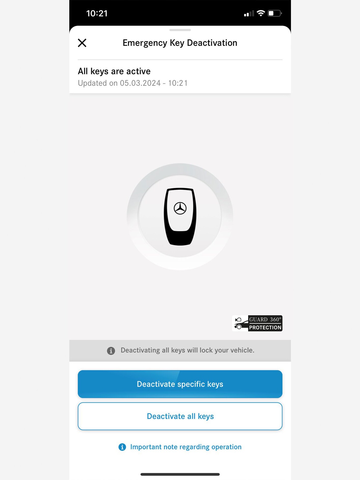 Na chytrom telefóne sa zobrazuje ponuka Digitálneho doplnku Núdzová deaktivácia kľúčov.