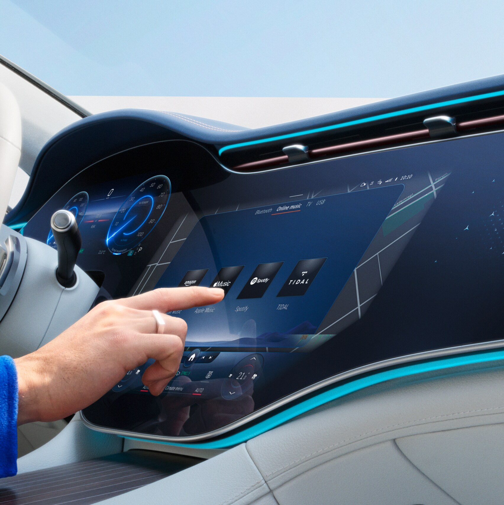 Na multimediálnom systéme MBUX vo vozidle Mercedes-Benz sú zvolené Digitálne doplnky.