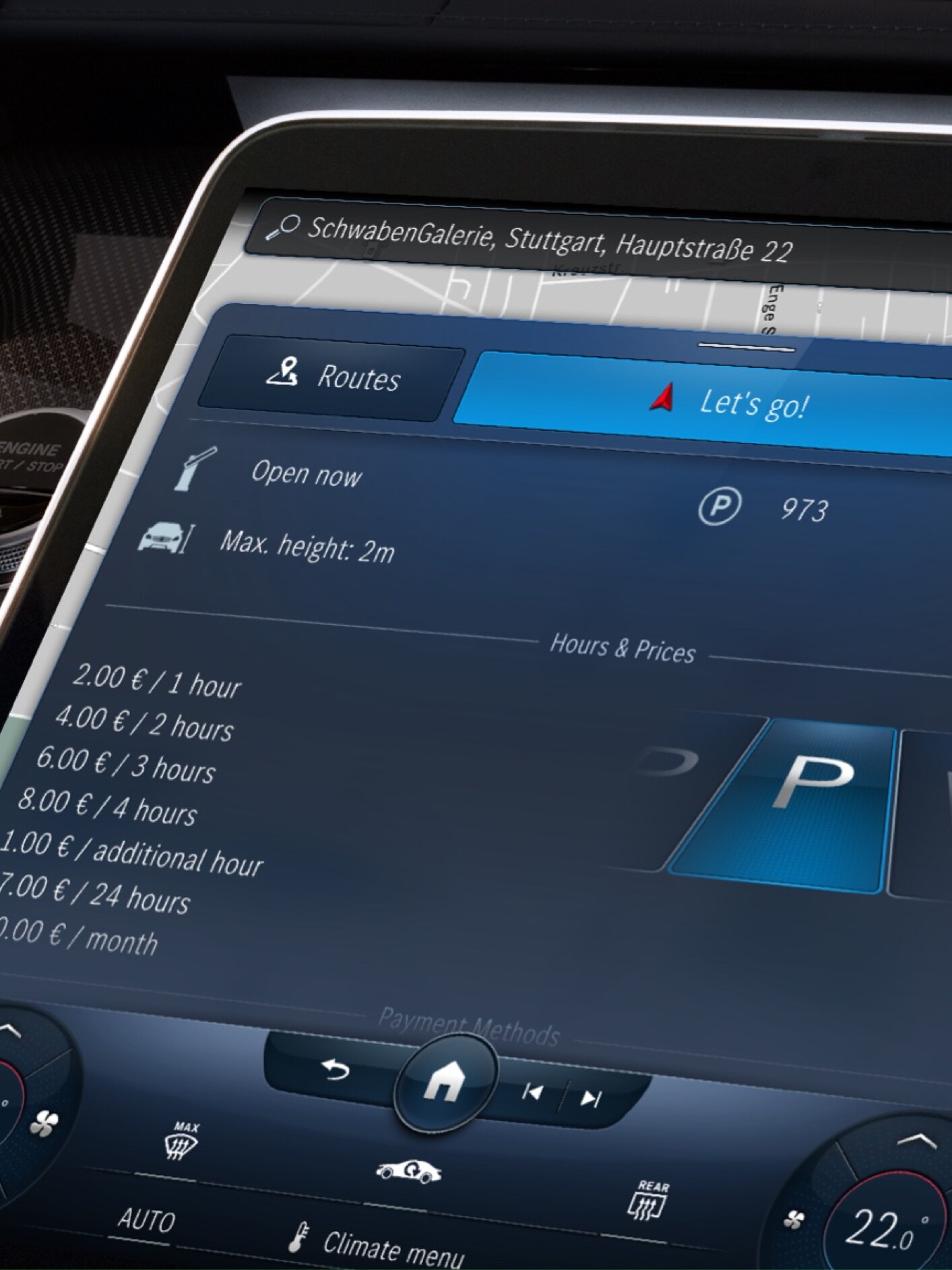 V&nbsp;multimediálnom systéme MBUX sa vďaka Digitálnemu doplnku Parkovanie pre navigáciu zobrazujú dostupné parkovacie miesta a&nbsp;ich ceny.