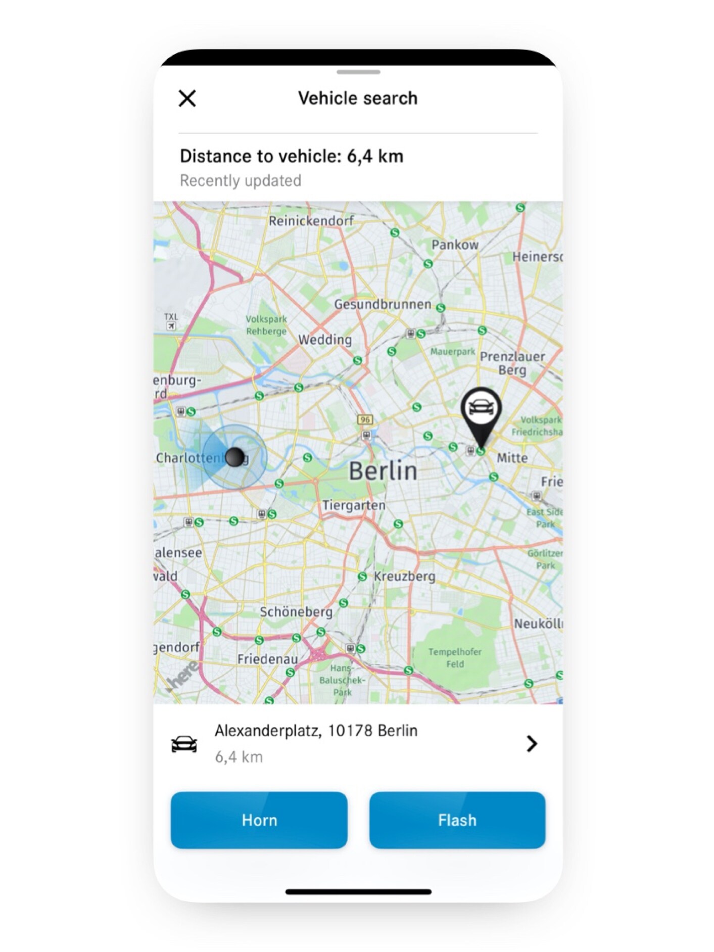 Na chytrom telefóne sa prostredníctvom Digitálneho doplnku Lokalizácia vozidla zobrazuje poloha vozidla Mercedes-Benz.