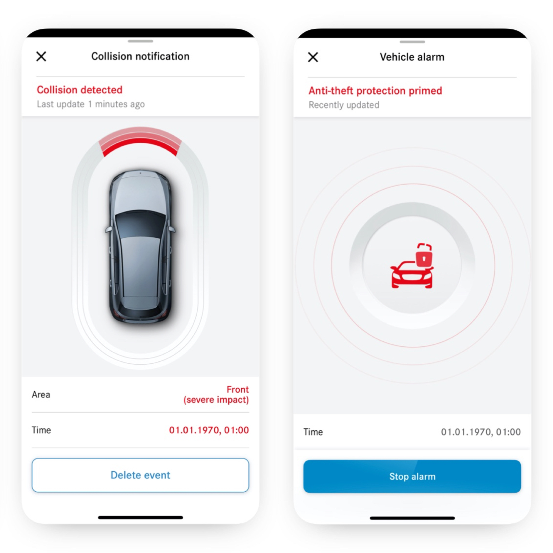 Upovedomenie o krádeži s upovedomením o škode počas parkovania | Excelentný balík | Mercedes-Benz Na chytrom telefóne sa vďaka Digitálnemu doplnku Upovedomenie o krádeži s upovedomením o škode počas parkovania zobrazuje informácia o tom, že došlo ku kolízii.