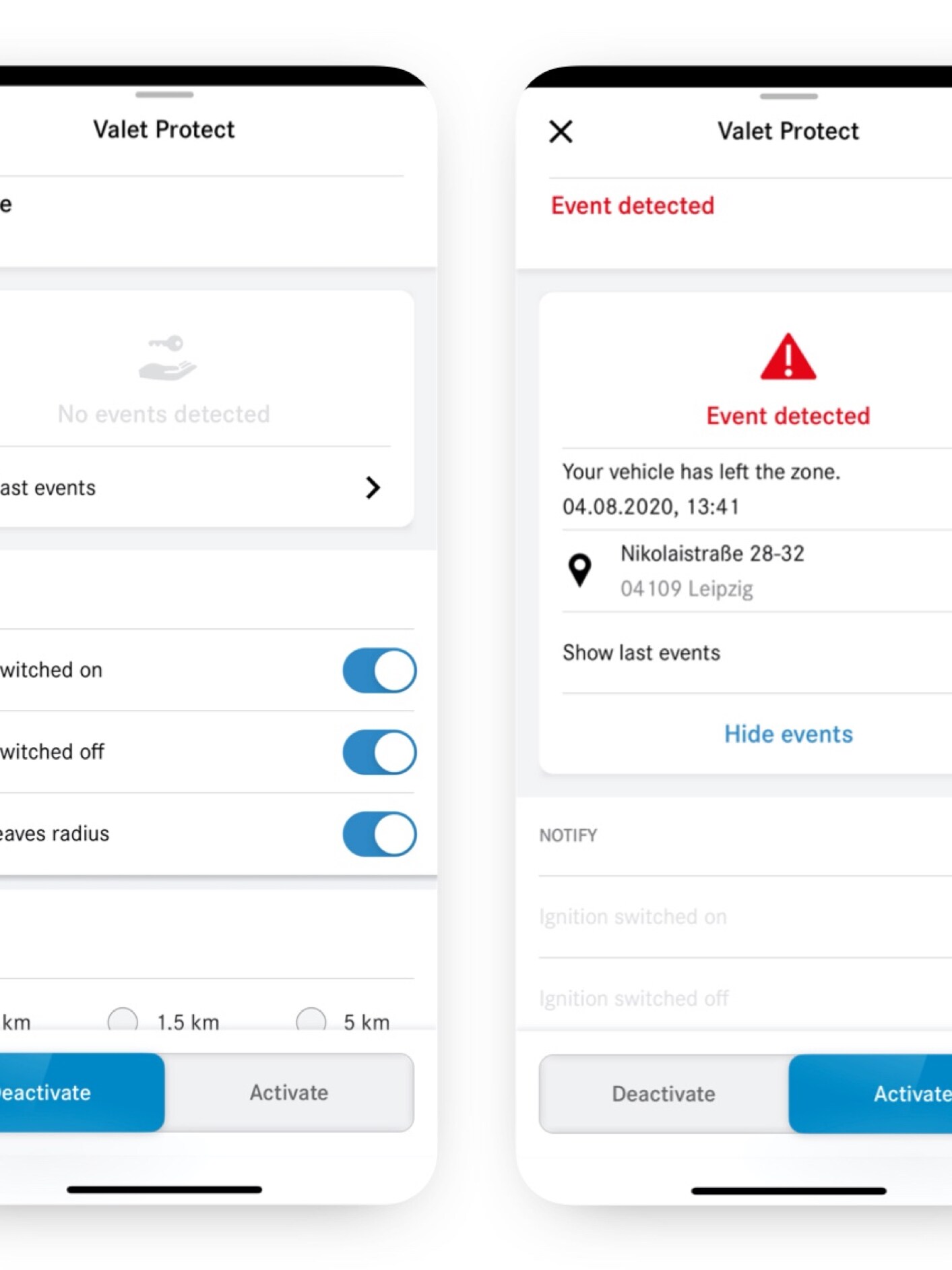 Na chytrom telefóne sú zobrazené rôzne obrazovky, ktoré sa zobrazujú vtedy, keď Digitálny doplnok Monitorovanie parkovacej služby zistí porušenie.