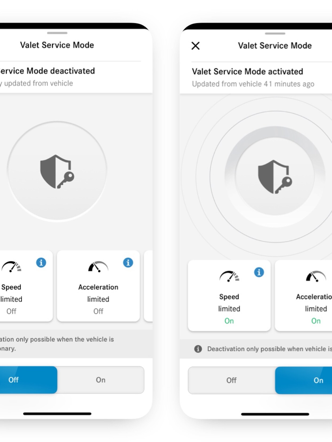 Na chytrom telefóne sú zobrazené rôzne obrazovky, ktoré sa zobrazujú pri aktivovanom Digitálnom doplnku Ovládanie na diaľku pre režim parkovacej služby.