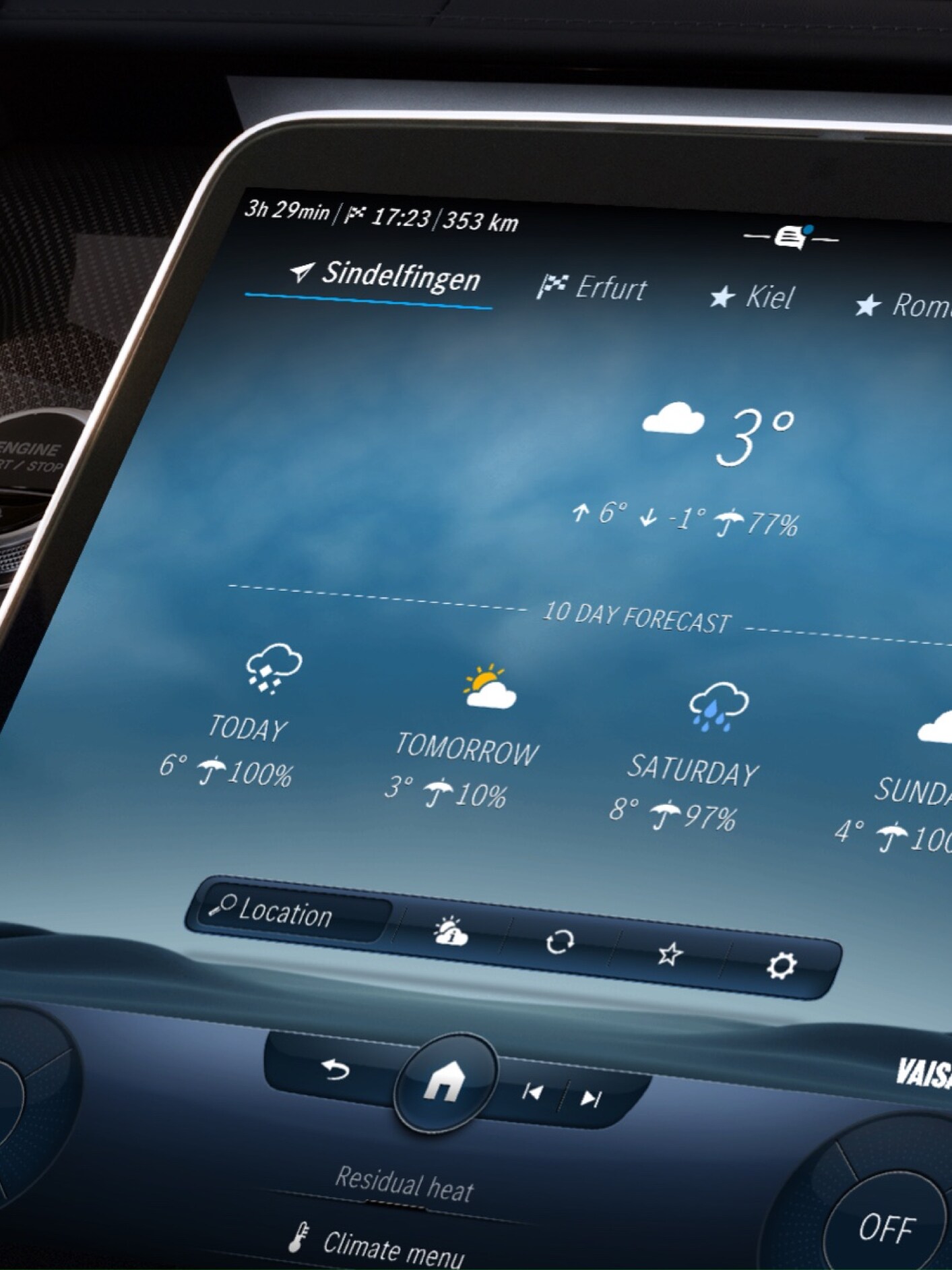 Vďaka Digitálnemu doplnku Meteorologická mapa zobrazuje multimediálny systém MBUX počasie v&nbsp;cieľovej lokalite.