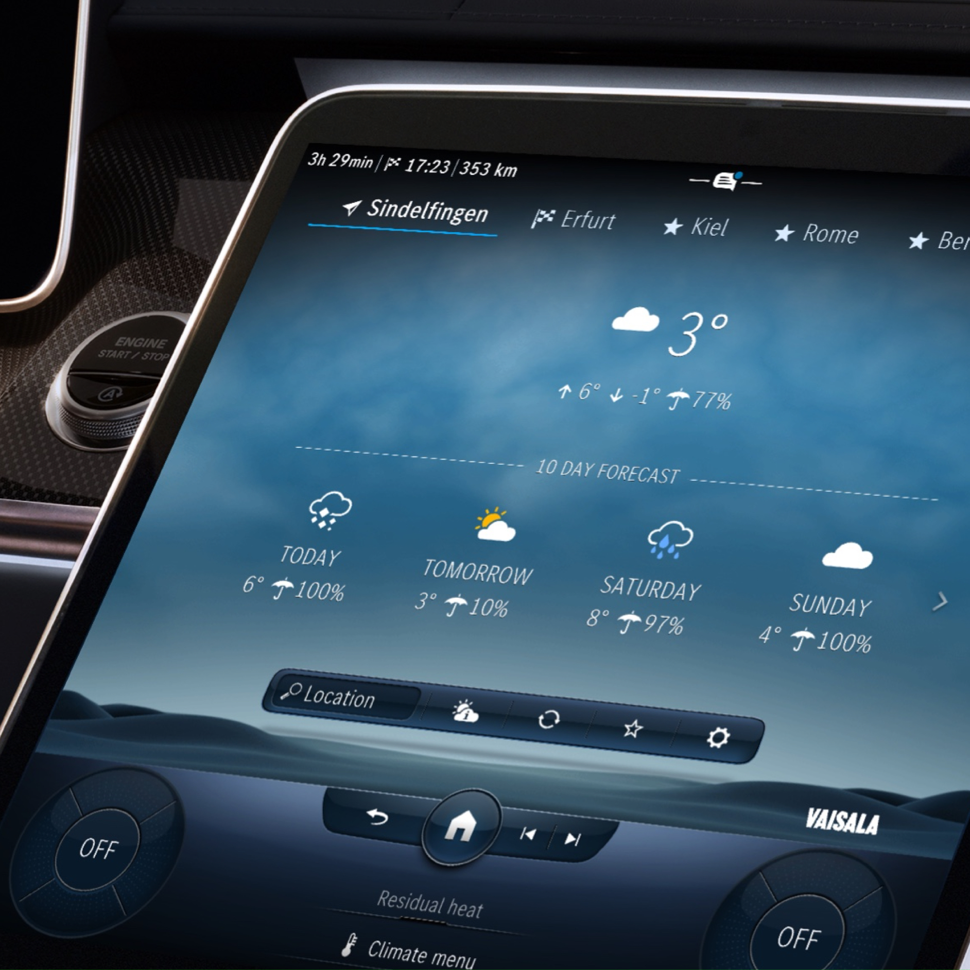 Predpoveď počasia | Navigácia | Mercedes-Benz Vďaka Digitálnemu doplnku Meteorologická mapa zobrazuje multimediálny systém MBUX počasie v cieľovej lokalite.