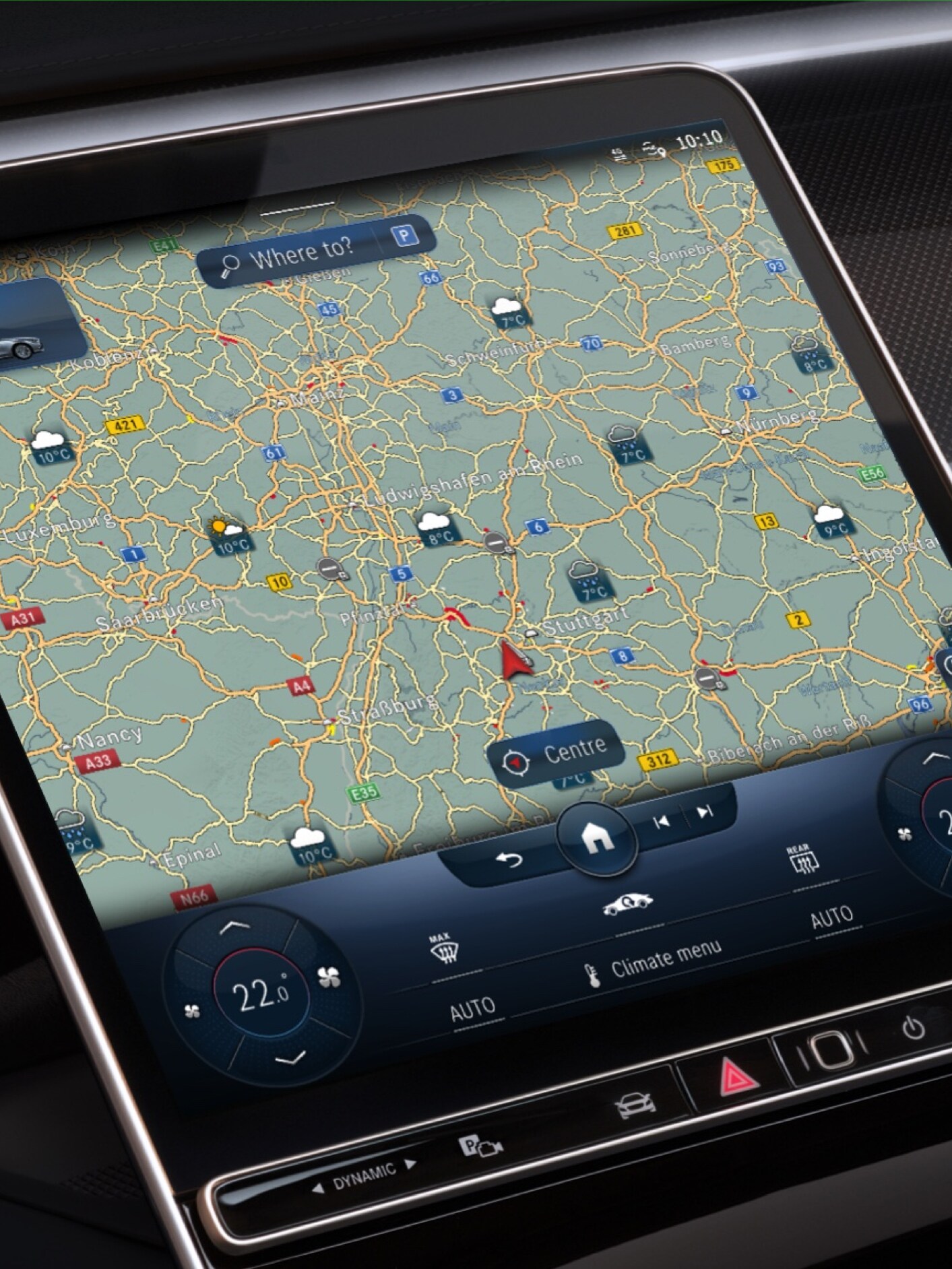 Na multimediálnom systéme MBUX sa vďaka Digitálnemu doplnku Meteorologická mapa zobrazuje predpokladané počasie v&nbsp;cieľovej oblasti.