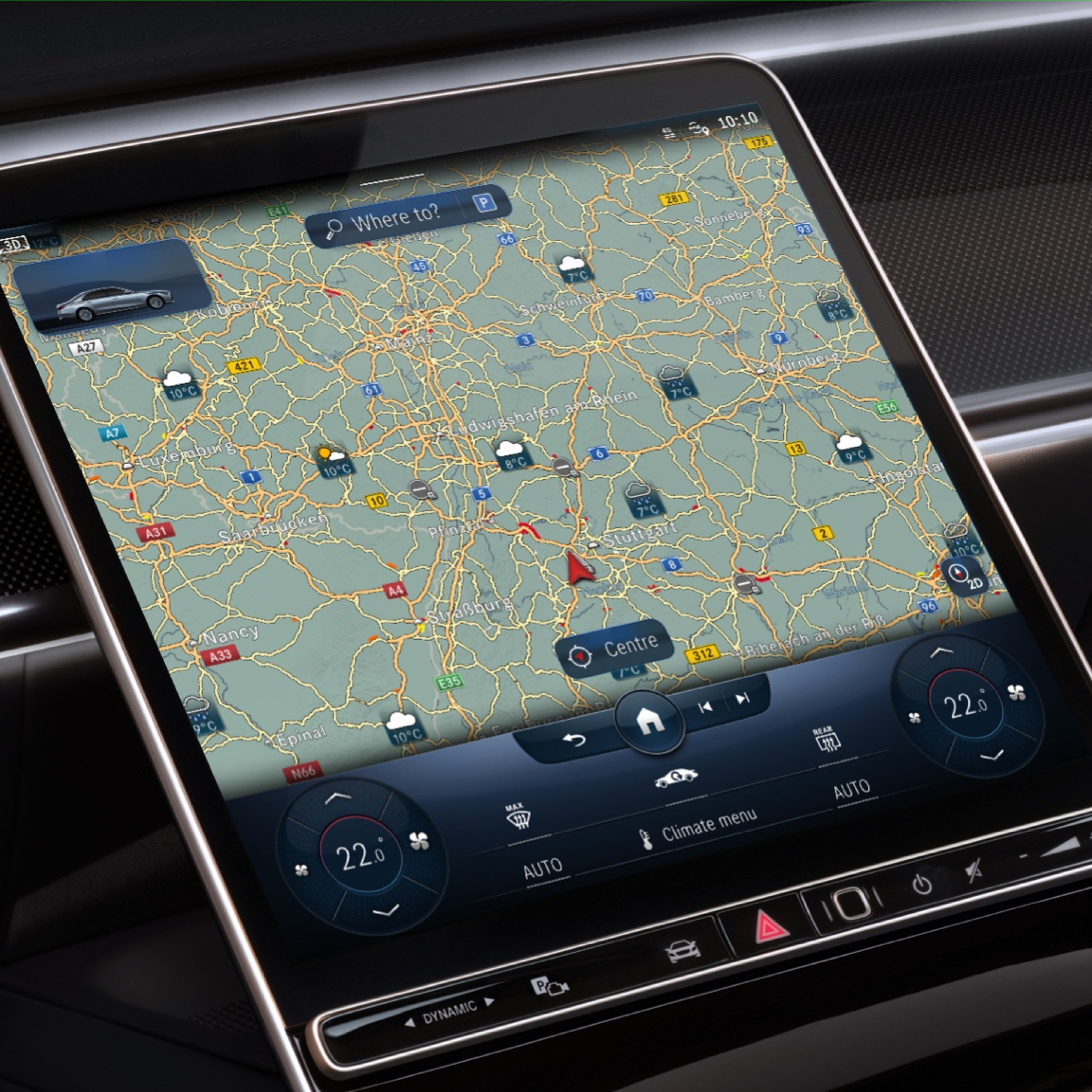 Meteorologická mapa | Excelentný balík | Mercedes-Benz Na multimediálnom systéme MBUX sa vďaka Digitálnemu doplnku Meteorologická mapa zobrazuje predpokladané počasie v cieľovej oblasti.