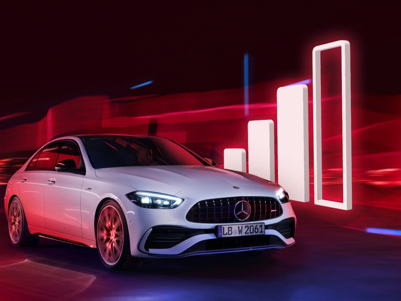 Vozidlo Mercedes-Benz prechádza popri vizualizácii ukazovateľa sily signálu.