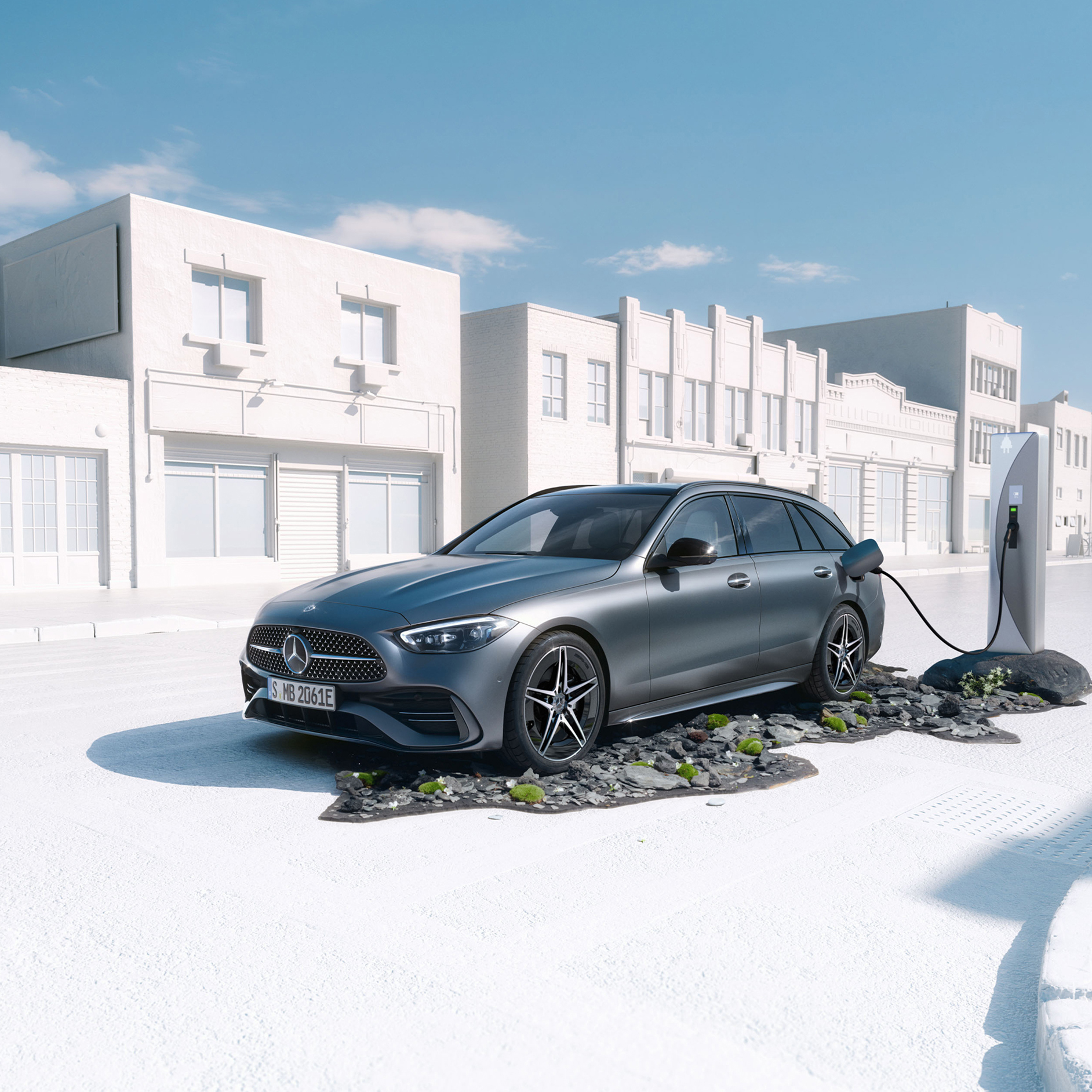 Mercedes-Benz | Zem, voda, vzduch | Hybridné vozidlá dobíjateľné zo siete Bočný pohľad spredu na kombi Triedy C 300 e od značky Mercedes-Benz.