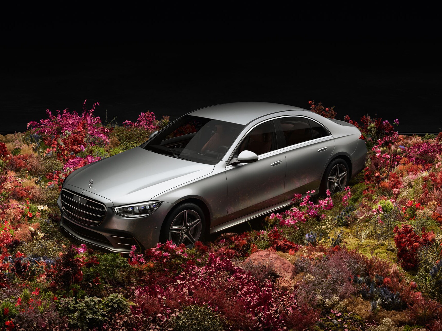 Strieborný model Mercedes-Benz pred čiernym pozadím stojí na kvetinovom poli.