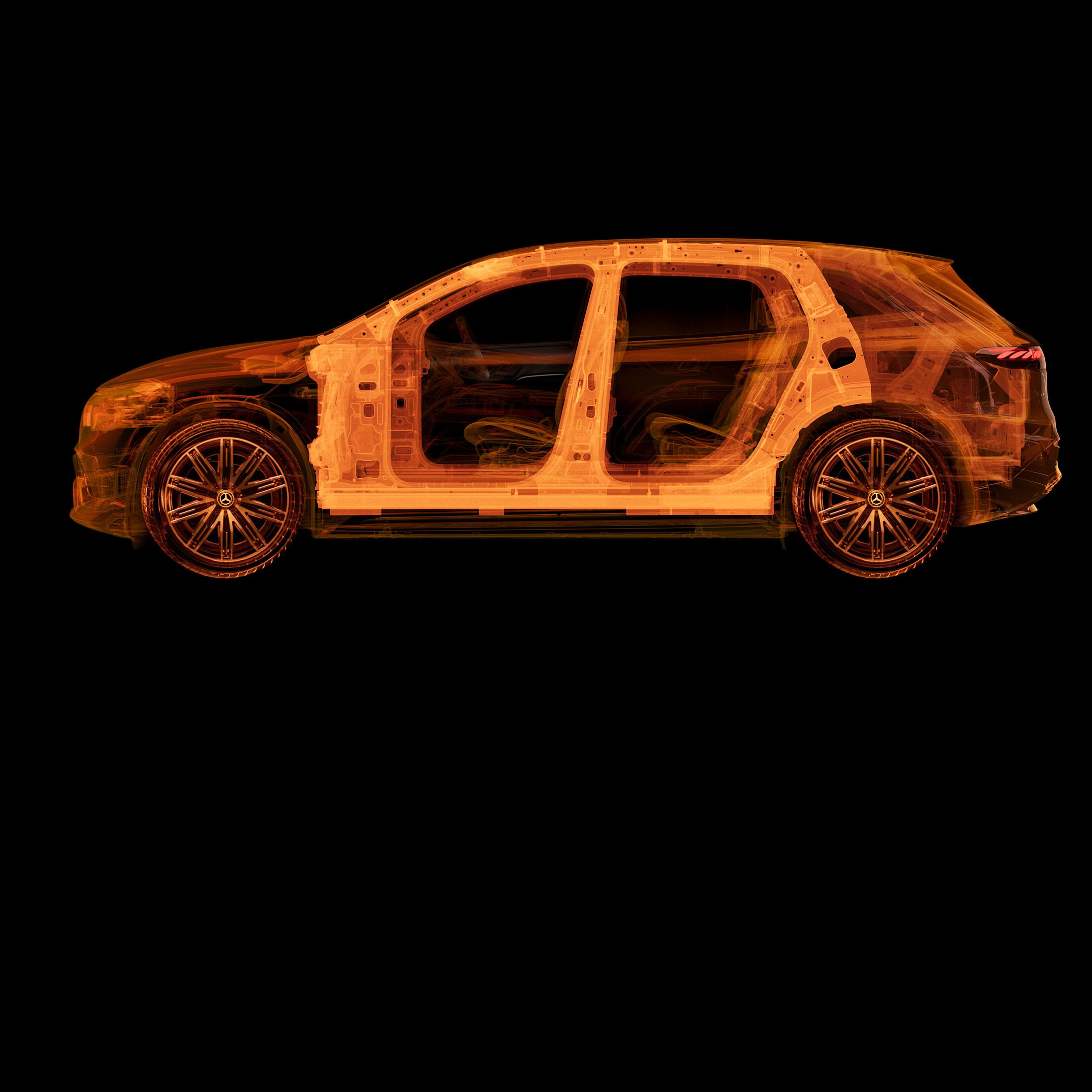Transparentný pohľad zboku na vozidlo Mercedes-Benz zobrazujúci štruktúru interiéru.