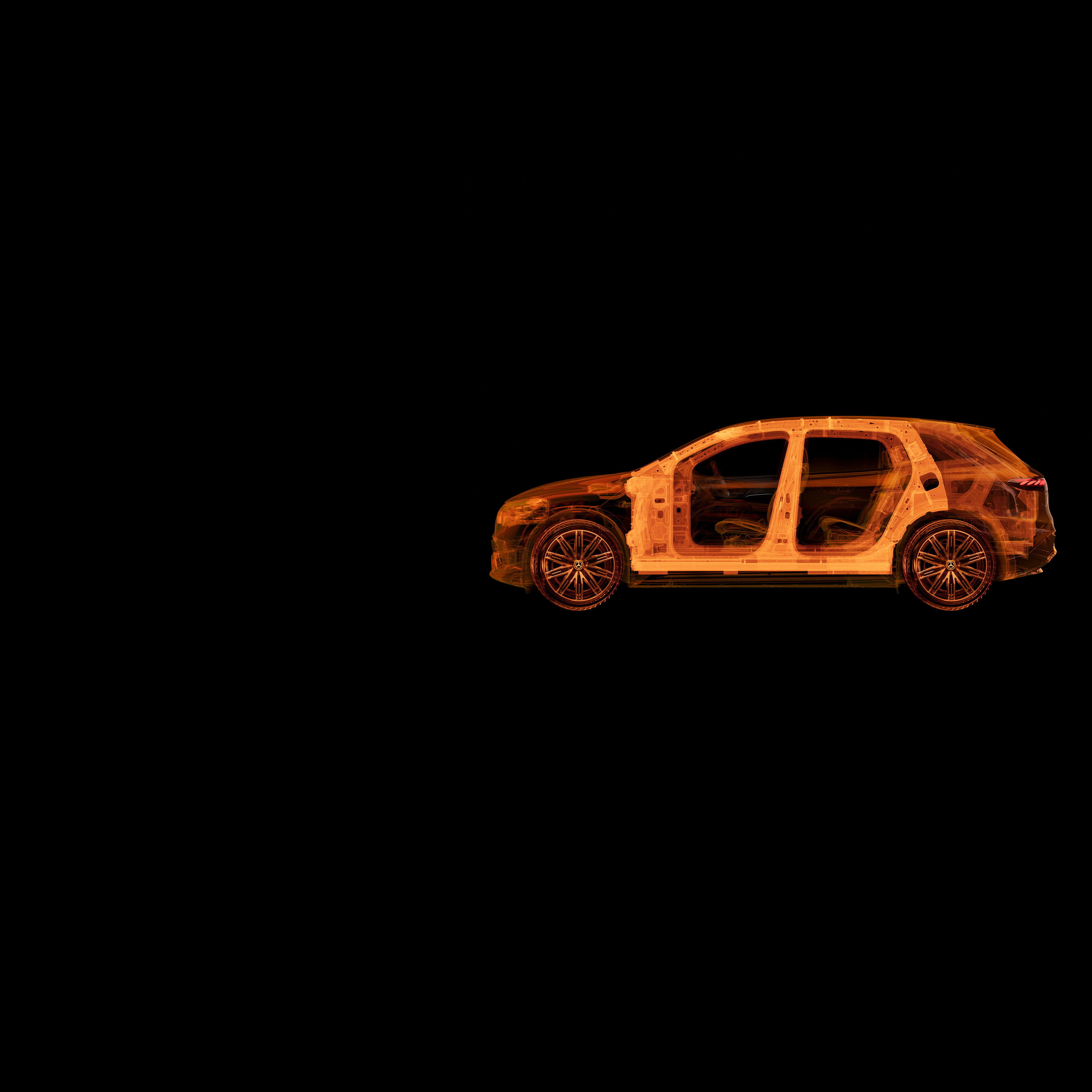 Bezpečnosť | Mercedes-Benz Transparentný pohľad zboku na vozidlo Mercedes-Benz zobrazujúci štruktúru interiéru.