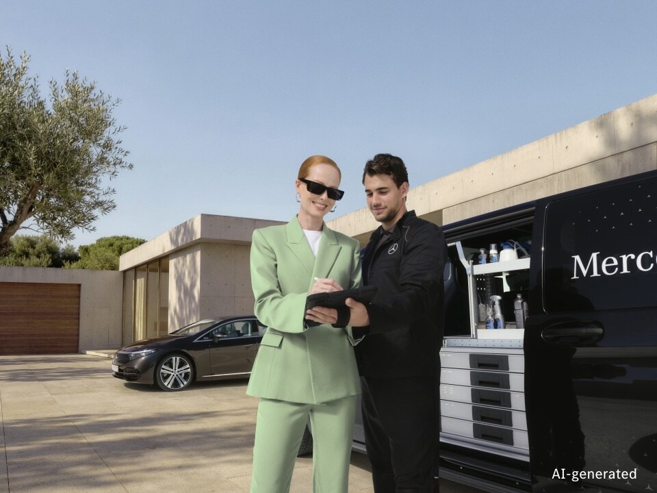 Mobilný servisný technik Mercedes-Benz kontroluje digitálne dokumenty so zákazníkom vedľa plne vybaveného transportéra pre Mobilný servis, v pozadí pred moderným domom je zaparkované vozidlo Mercedes-Benz.