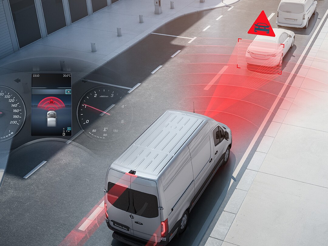 Asistenčný jazdný systém vizualizovaný v&nbsp;cestnej premávke so skriňovým vozidlom Mercedes-Benz Sprinter.