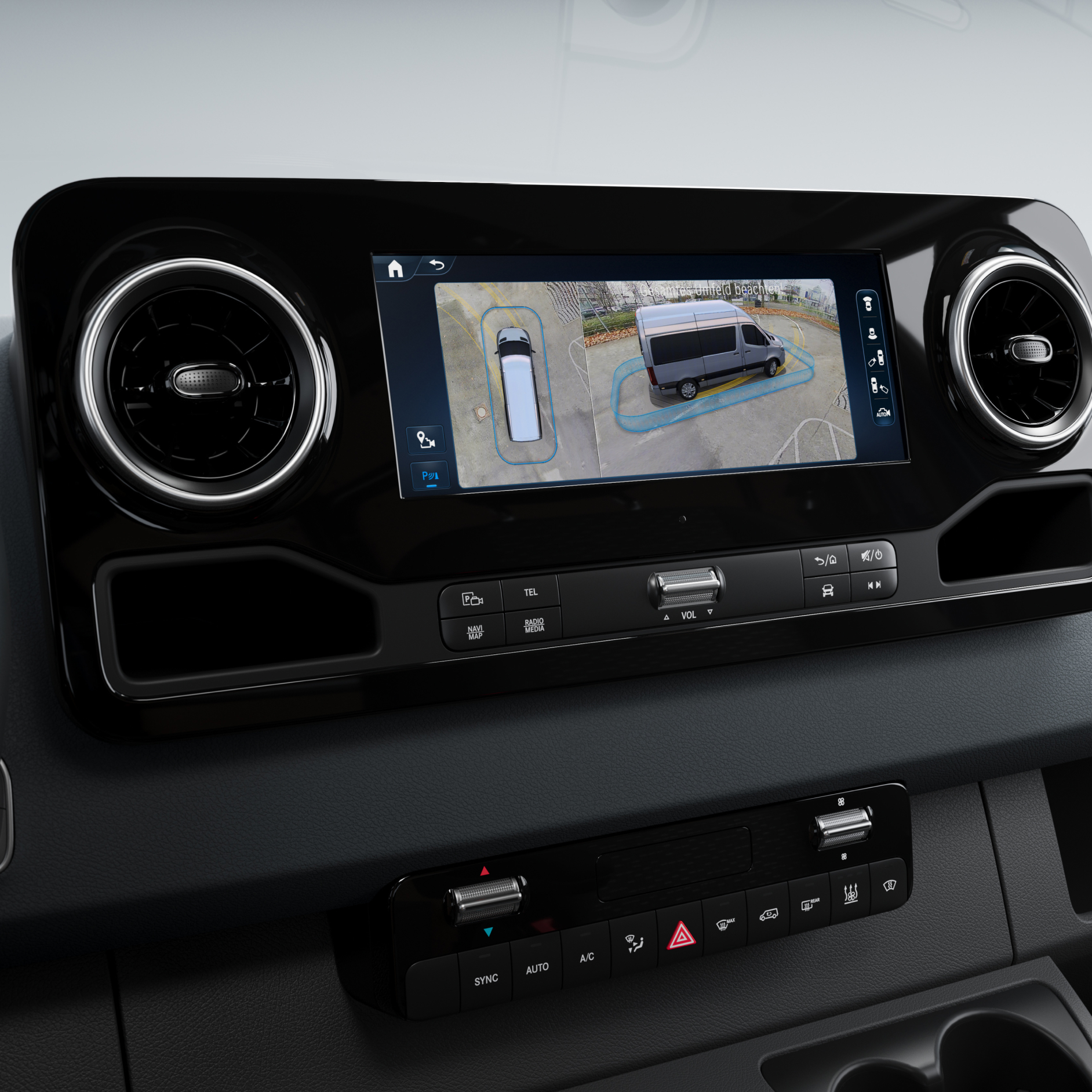 Multimediálny systém MBUX | 3D obklopujúci pohľad | Mercedes-Benz 3D obklopujúci pohľad v multimediálnom systéme MBUX v transportéri Mercedes-Benz.